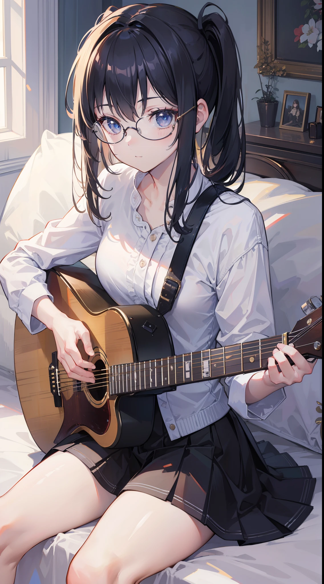 {{masterpiece}}, best quality, extremely detailed CG unity 8k wallpaper, cinematic lighting, lens flare, beautiful detail eyes, glasses, 1girl, {playing guitar}, sitting on the bed, side glance
