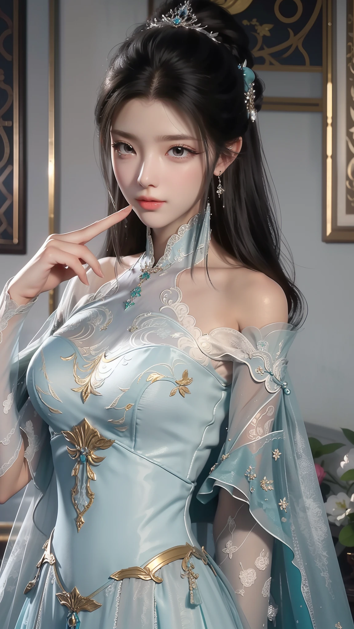 tmasterpiece，Best picture quality，HD 8K wallpaper，Beautiful picture，Elegant single woman，Round dress，Shiny eyes，Detail at its best，An exquisite masterpiece，Pure beauty and lightness，Moderately aesthetic，Gentle and elegant，Attention to detail，Cyan white lace round princess dress，Immortal