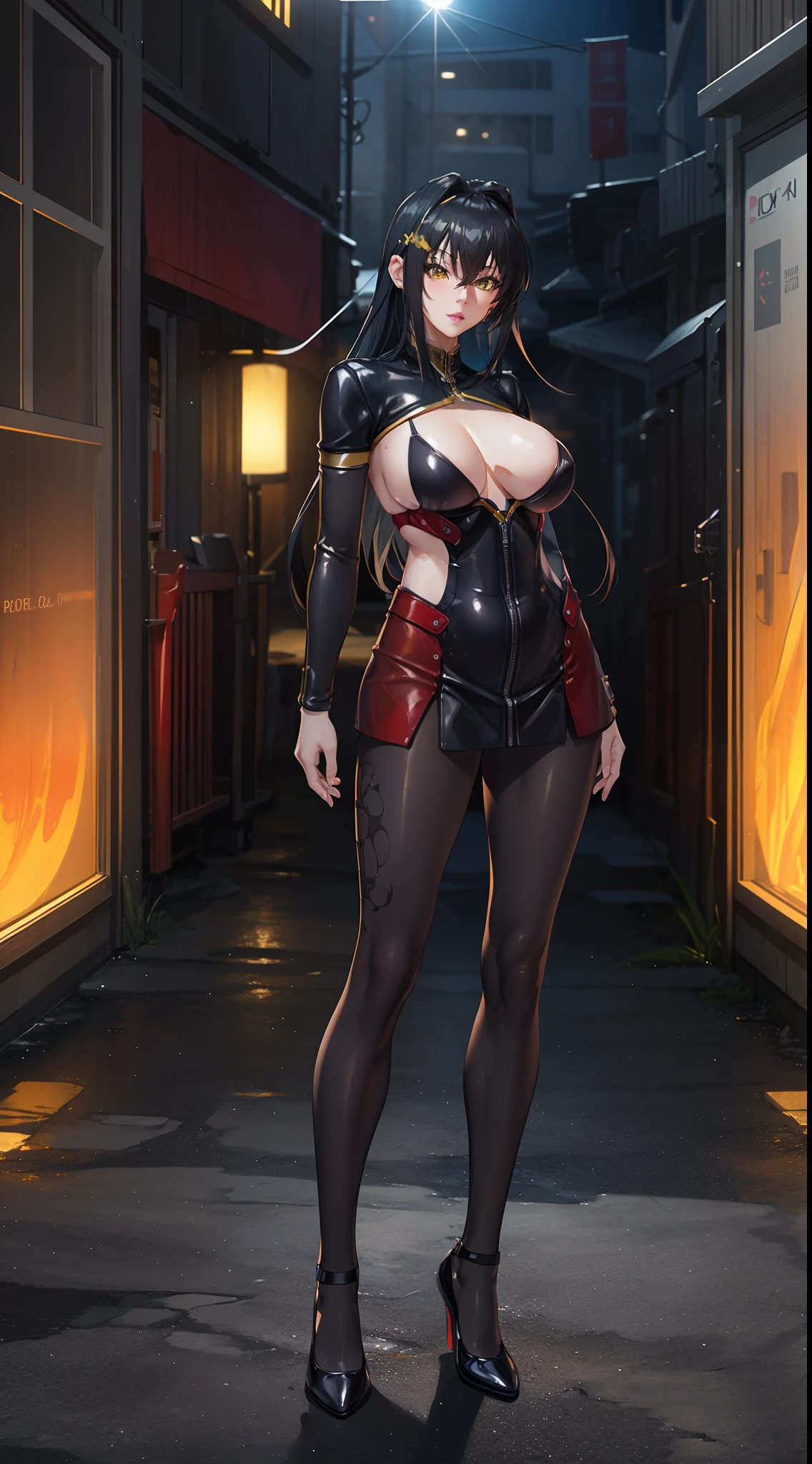 professional artwork, Intricate Details, field of view, sharp focus, detailed painting, photorealistic lighting, trending on pixiv, Standing at attention, black outfit ,yellow collared shirt,black and red bodysuit,skin_tight,black legwear, black pantyhose, Side_boob, black hair,very long hair, Bangs,yellow eyes,makeup, lipstick, 20yo,mature female,Beautiful Finger,Beautiful long legs,Beautiful body,Beautiful Nose,Beautiful character design, perfect eyes, perfect face, looking at viewer, NSFW,official art,extremely detailed CG unity 8k wallpaper, perfect lighting,Colorful, Bright_Front_face_Lighting, (masterpiece:1.0),(best_quality:1.0), ultra high res,4K,ultra-detailed, photography, 8K, HDR, highres, absurdres:1.2, Kodak portra 400, film grain, blurry background, bokeh:1.2, lens flare, (vibrant_color:1.2) (Beautiful,large_Breasts:1.4), (beautiful_face:1.5),(narrow_waist), (solo:1.4), ((landscape dimension))