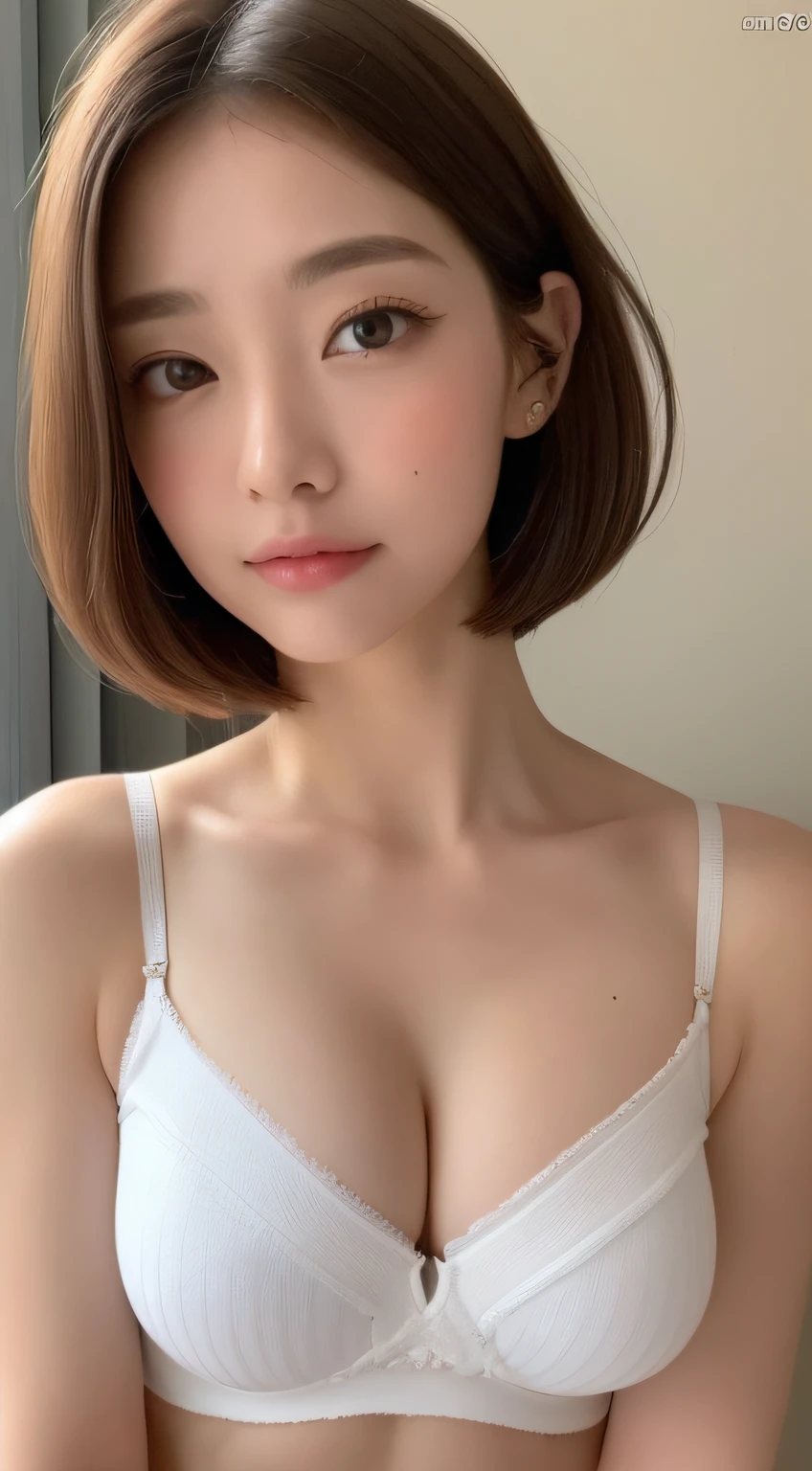 ((Best picture quality, 8K, tmasterpiece:1.3)), 1girll, Beautiful woman with slender abs:1.3, (Casual hairstyle, No leakage of big breasts:1.2), Low-cut bra，Super large，Ultra-fine face, A detailed eye, 二重まぶた，ssmile，Home，The figure is very bad，tiny small waist，Super big breasts，Close-up，Close-up chest，White-skinned，The background is casual，Close-up Shot Shot