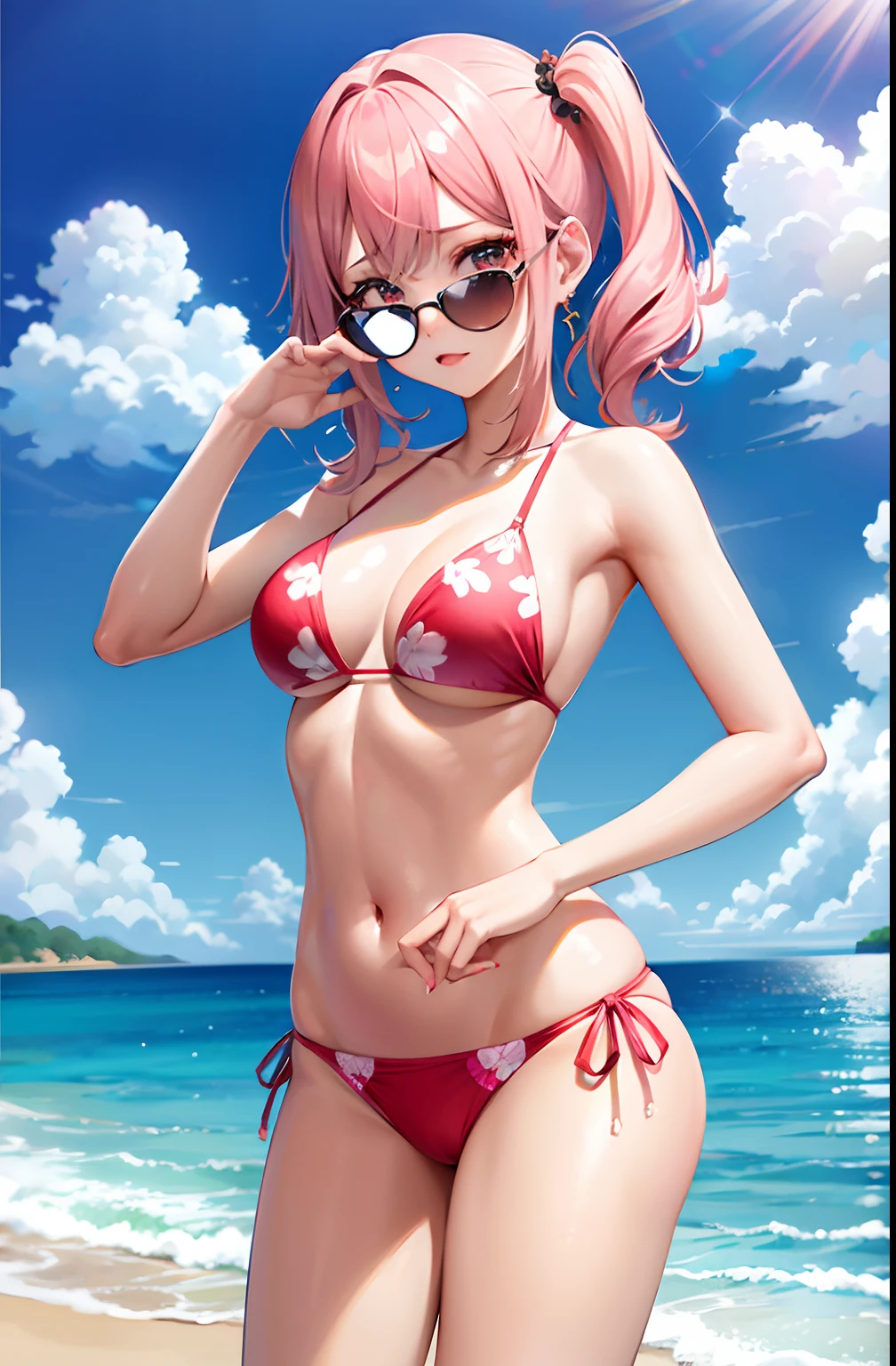 melhor qualidade, Ultra high resolution, 1girl, camisa branca sem mangas, pink Swimsuit, gargantilha preta, fofa, (kpop idol), (aegyo sal:1), (cabelo loiro platinado:1), ((olhos inchados)), olhando no observador, corpo inteiro, de frente