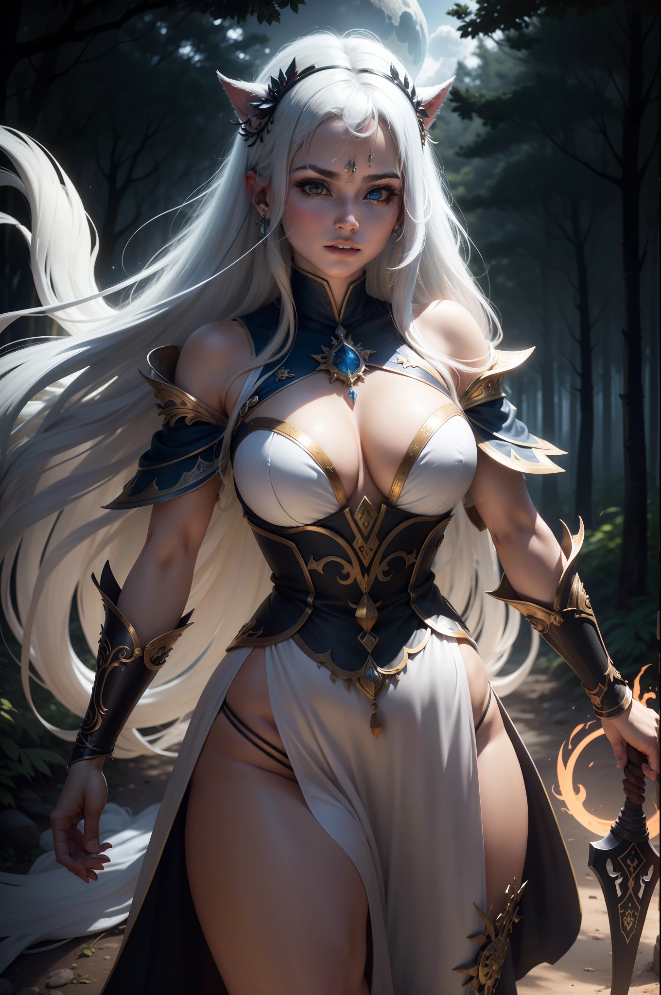 Em uma noite de lua cheia, when the secrets of the forest are revealed to the silver light, uma cena de pura magia se desenrola. An intrepid warrior, adornada em vestes escuras de um dourado brilhante, ergue-se majestosamente sobre um lobo gigante, cuja pelagem cinza e preta parece absorver as sombras da noite. Seus olhos azuis, as wells of serenity, brilham intensamente sob a luz lunar, reflecting a deep intelligence.
O lobo gigante, of imposing presence, carrega a guerreira com graciosidade e poder. His pointed ears rise in attention while his sharp teeth portray the unparalleled force of nature. A calda se move em harmonia com o vento noturno, como um estandarte de sua majestade selvagem.
A guerreira, com olhos vermelhos ardentes que emanam poder, wields a golden staff carved with ancient symbols. In one hand, She holds the reins of the magic that binds her to the giant wolf, e na outra, It holds a mystical flame that illuminates the darkness with a heavenly light. Sua capa branca flui como as asas de um anjo, evoking purity and purpose in the midst of the enigmatic night.
Juntos, a guerreira e o lobo gigante percorrem os recantos ocultos da floresta, an alliance that transcends worlds and time. Sob a lua cheia, They dance a magical dance, at every step infusing life into the shadows and bringing balance to the duality of nature.