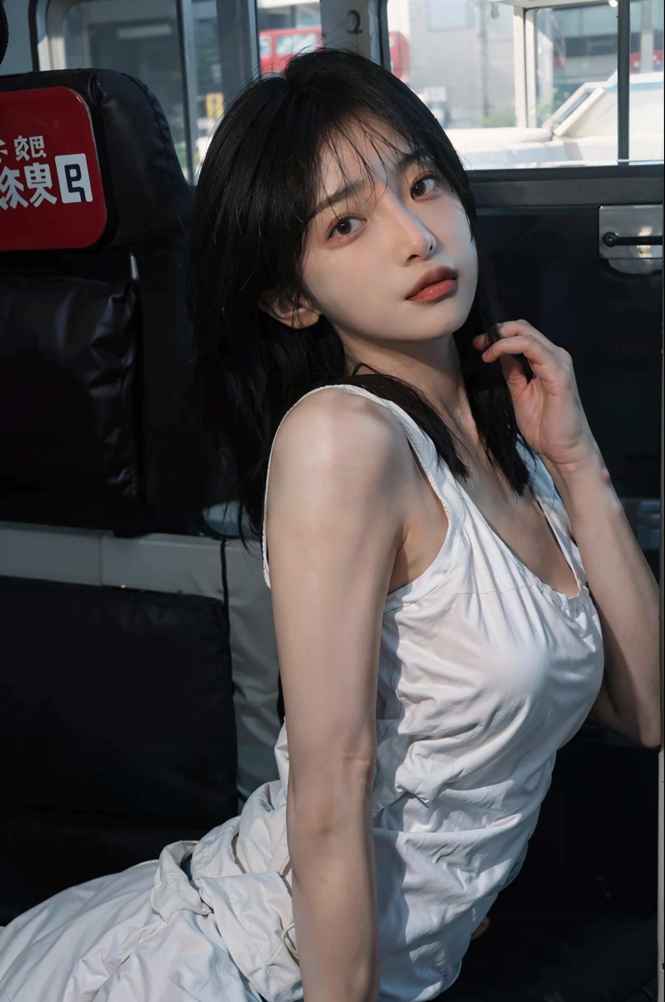 8K,best qualtiy,tmasterpiece,超高分辨率,(真实感:1.4),RAW photogr,(True skin texture:1.3),(filmgrain:1.3),(Selfie angle),1个Giant Breast Girl,Beautiful eye and face details,tmasterpiece,Best quality at best,closeup cleavage,swimming uniform,On the bus,