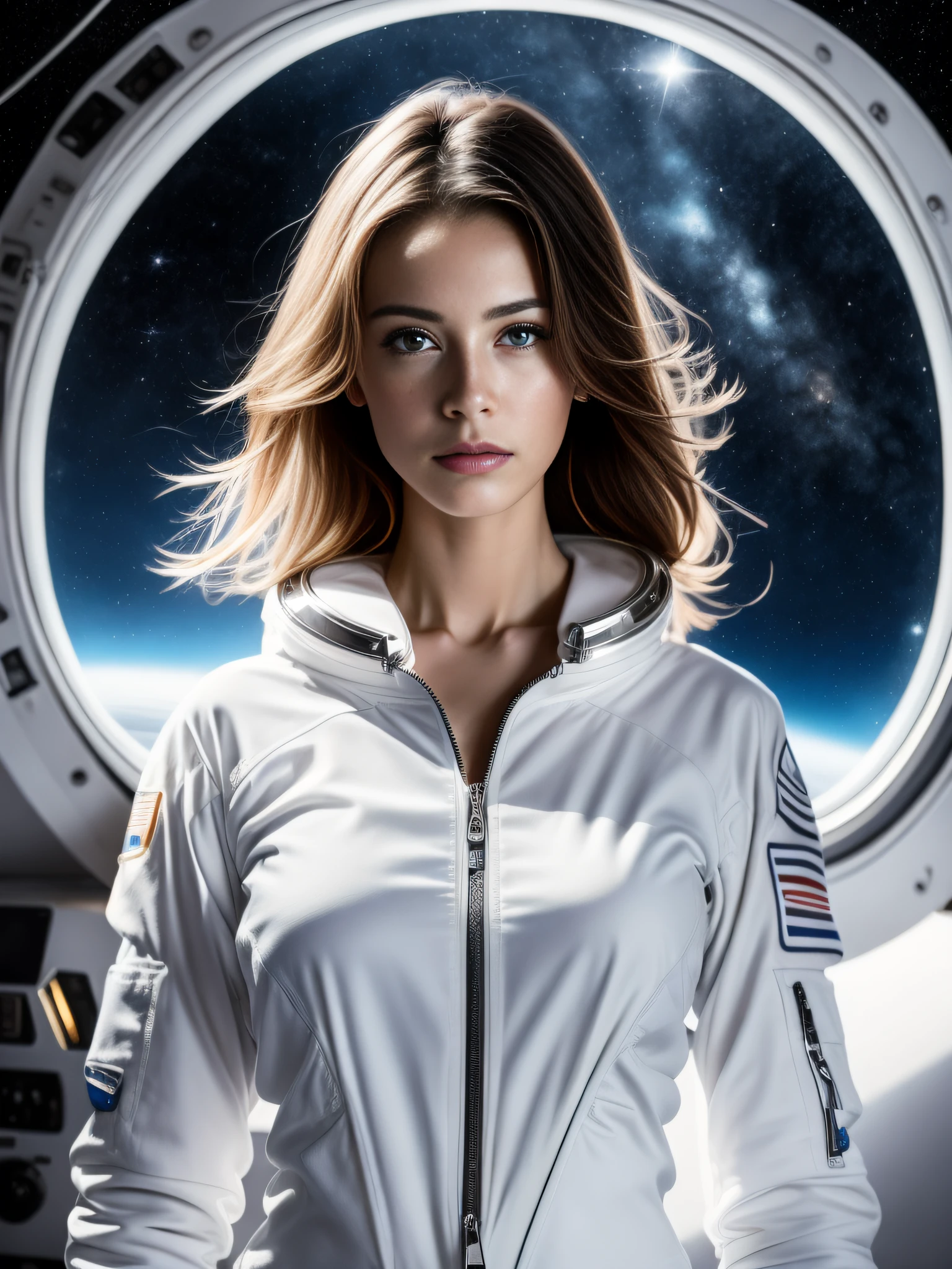 Simpatic German woman (white space suit:1.4), open zipper, (open zipper:1.6), (pents open zipper:1.7), Space Shuttle interior, (erotic:1.3), (sexy:1.5), (star gate:1) (open chest:1.2), super detailed, beautiful and aesthetic, beautiful, best quality, raw, masterpiece, super fine photo, best quality, super high resolution, photorealistic realism, sunlight, full-body portrait, amazing beauty, dynamic pose, delicate face, vibrant eyes, , abandoned spaceship, detailed face, stars background, gorgeous, highly detailed skin, realistic skin details, visible pores, sharp focus, volumetric fog, 8k uhd, DSLR camera, high quality, photo realism, seen from below, translucent, voluptuous, sensual, lascivious, submissive, dominant, (sexual:1.3), sexy, romantic, high quality, film grain, Cinematic Light, sidelighting, Lens Flare, Ray tracing, detailed face, detailed complex stars background, realistic skin details, visible pores, sharp focus, volumetric fog, 8k uhd, DSLR camera, overexposed light