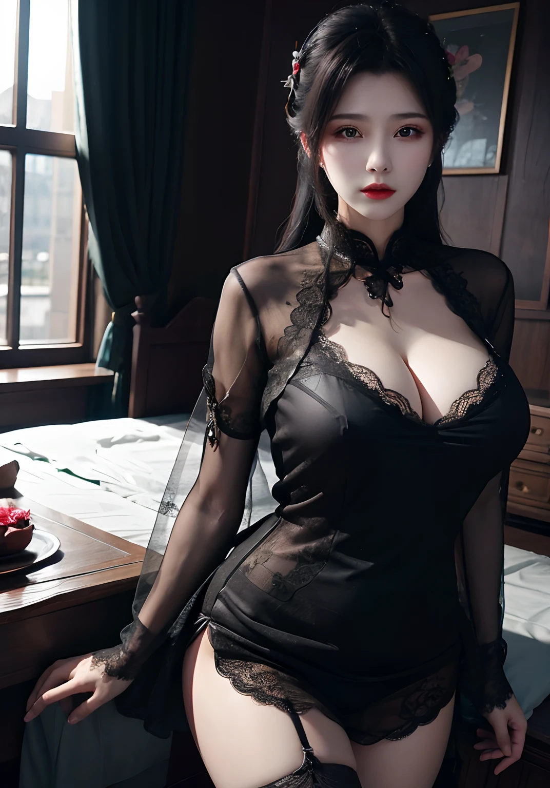 huge tit,Black floral tulle cheongsam,Black lace stockings。
