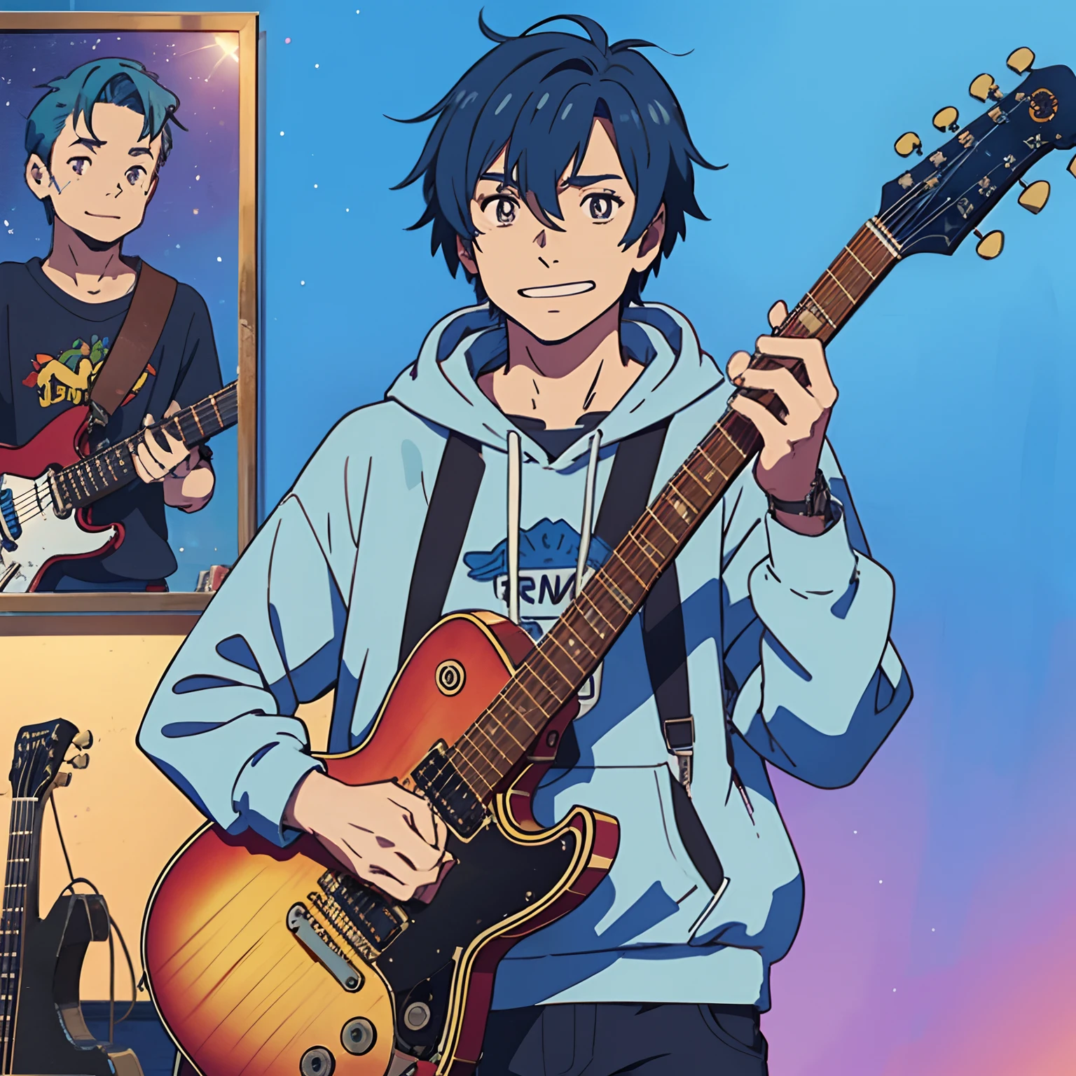 Anime male character blue hair and blue sweatshirt background in den,The expression is optimistic,There is a guitar on the wall behind it