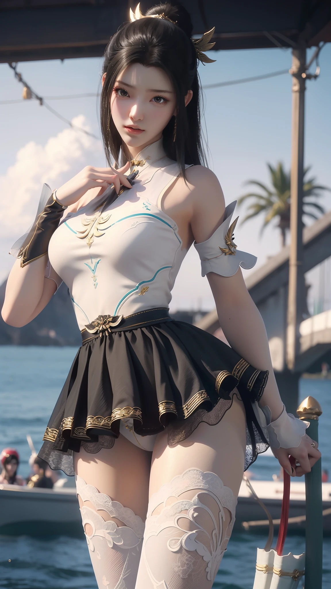 Close-up of a woman in a short skirt standing on a boat, Extremely detailed Artgerm, Range Murata and Artgerm, Style Artgerm, art-style, trending artgerm, beautiful and seductive anime woman, IG model | Art germ, Artistic germ style, 《overwatch》Anna, like artgerm