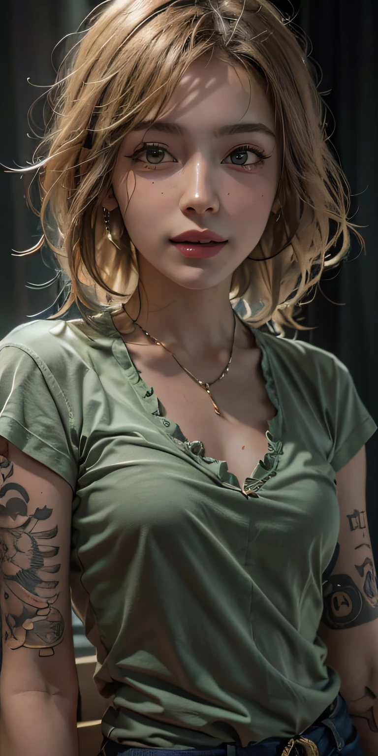 Photorealistic, high resolution, Soft light,1womanl, Solo, Hips up, (Detailed face),tattoo, jewelry, t-shirt with rough chest, Beautiful soldiers, Catch the audience's eye, Lover's perspective, Invitation expression, Sexy smile, Perfect style, Perfect balance, Detailed skin, mischievous gaze, chest visible