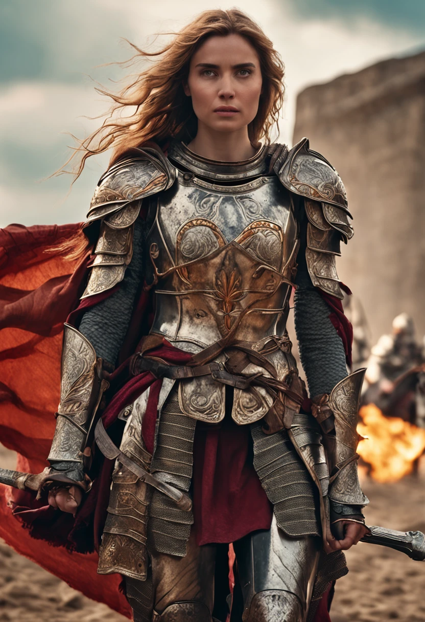 A woman in armor holding a sword and a red cape - SeaArt AI