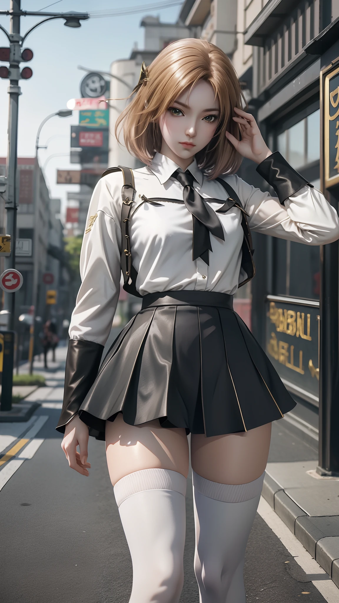 Arad woman posing for photo in short skirt and white shirt, Surrealism female students, Surrealism female students, Realistic schoolgirl, photorealistic anime girl rendering, thighhighs and skirt, 3 d anime realistic, small curvaceous ****, wearing skirt and high socks, Photorealistic anime, cute female student, Realistic anime 3 D style, female student