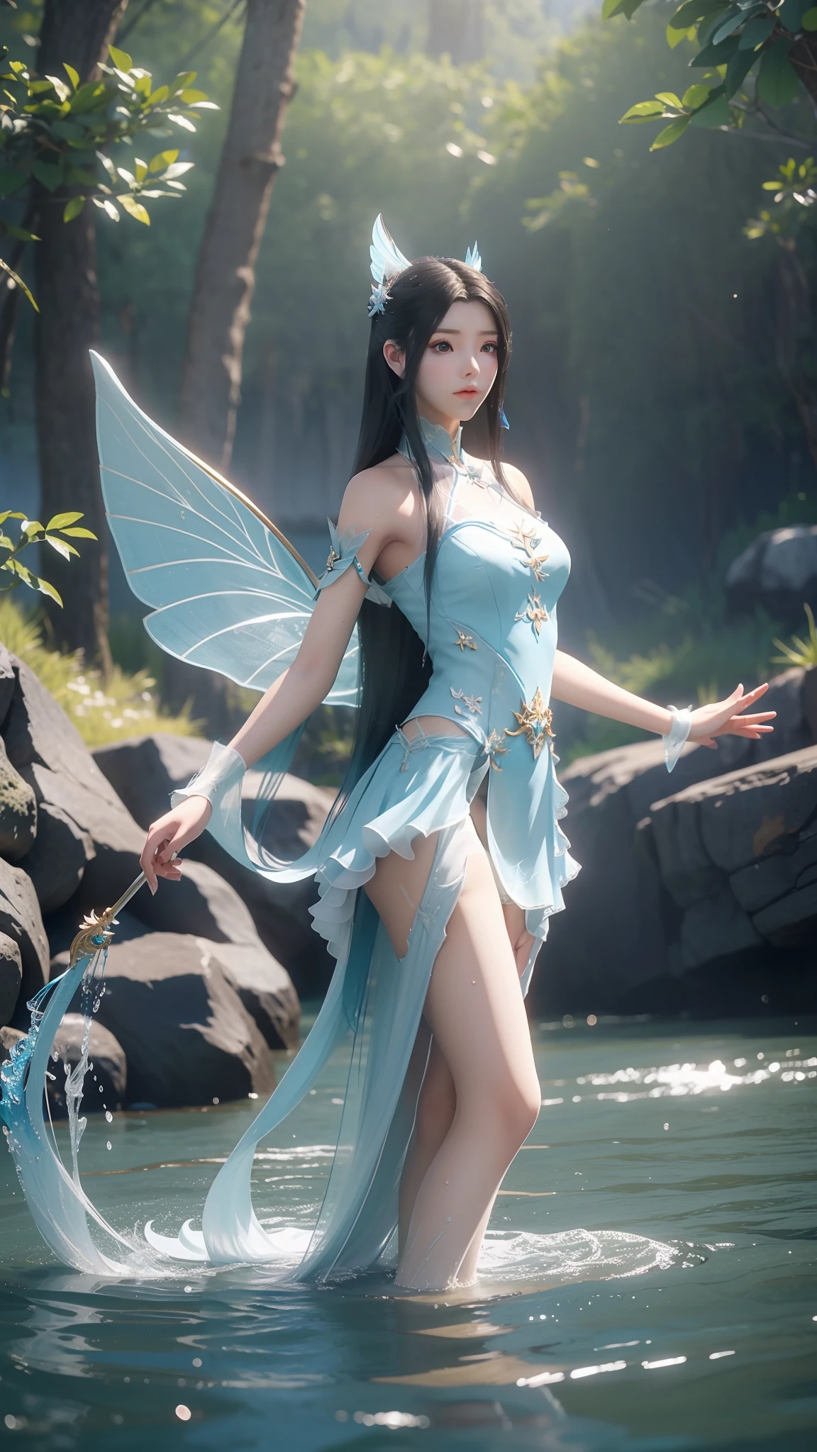 Arapei in a blue and white dress stood in the water, Anime girl walking on water, closeup fantasy with water magic, azur lane style, trending on cgstation, Anime girl cosplay, seraphine ahri kda, Splash art anime Loli, trending at cgstation, realistic water, water fairy, WLOP and Sakimichan