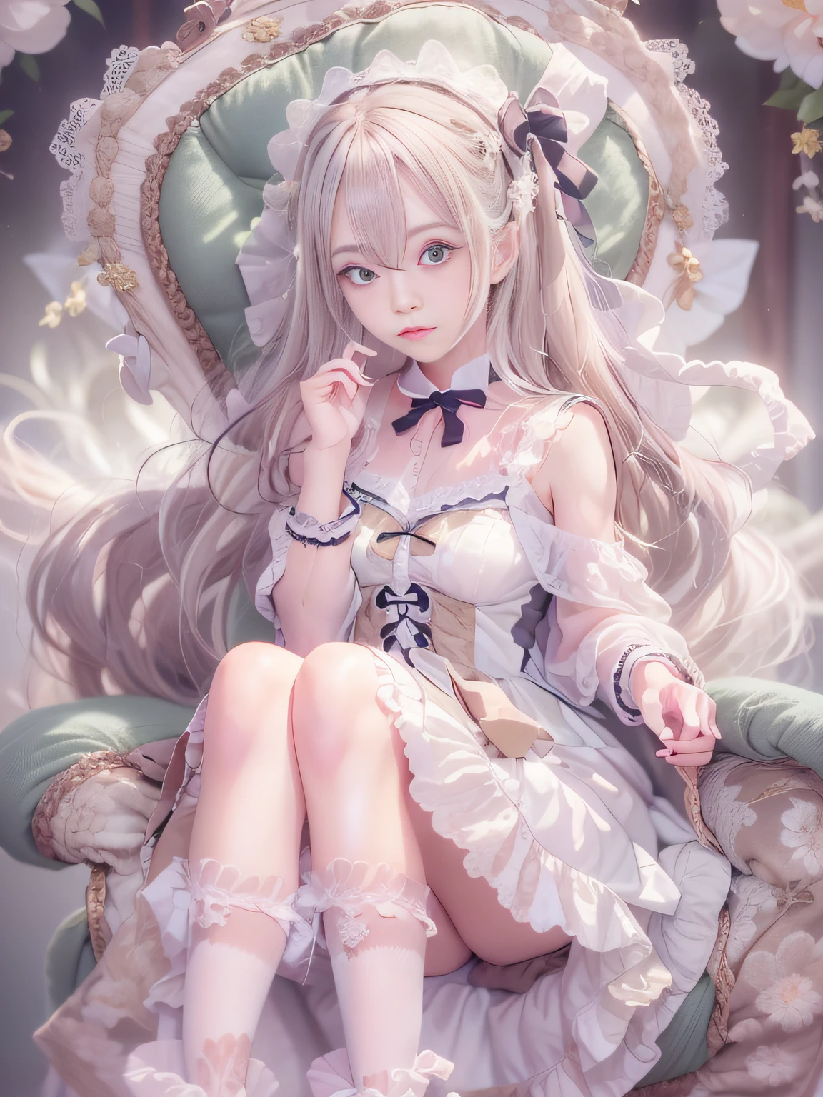 a close up of a woman in a dress and shoes on a chair, rococo dress, rococo ruffles dress, ta Fashion, Lolityle, romantic dress, fantasy dress, dreamy style, frilly outfit, loli in s, fairycore, victorian gothic lolita fashimagical dress, angelic pretty, dressed in a frilly ((Lace)),extremely detailed eye and face、beatiful detailed eyes,Small breasts glasses,Smaller face,realistic facial expression,(Face to feel:1.6),Enchanted,Nasty look,(o-face:1.4),Functional,milky skin,Soft lips,Raw photo,Expression in love,Shyness,Longing for love,Sex appeal in girls,The smell of sex appeal,Color makeup,Lowered eyebrows、Whitening effect,beatiful detailed eyes,Beautiful skins,finely detail、smooth hair,detailed hairs,Very fine hairs ,Thin leg,Style like destiny