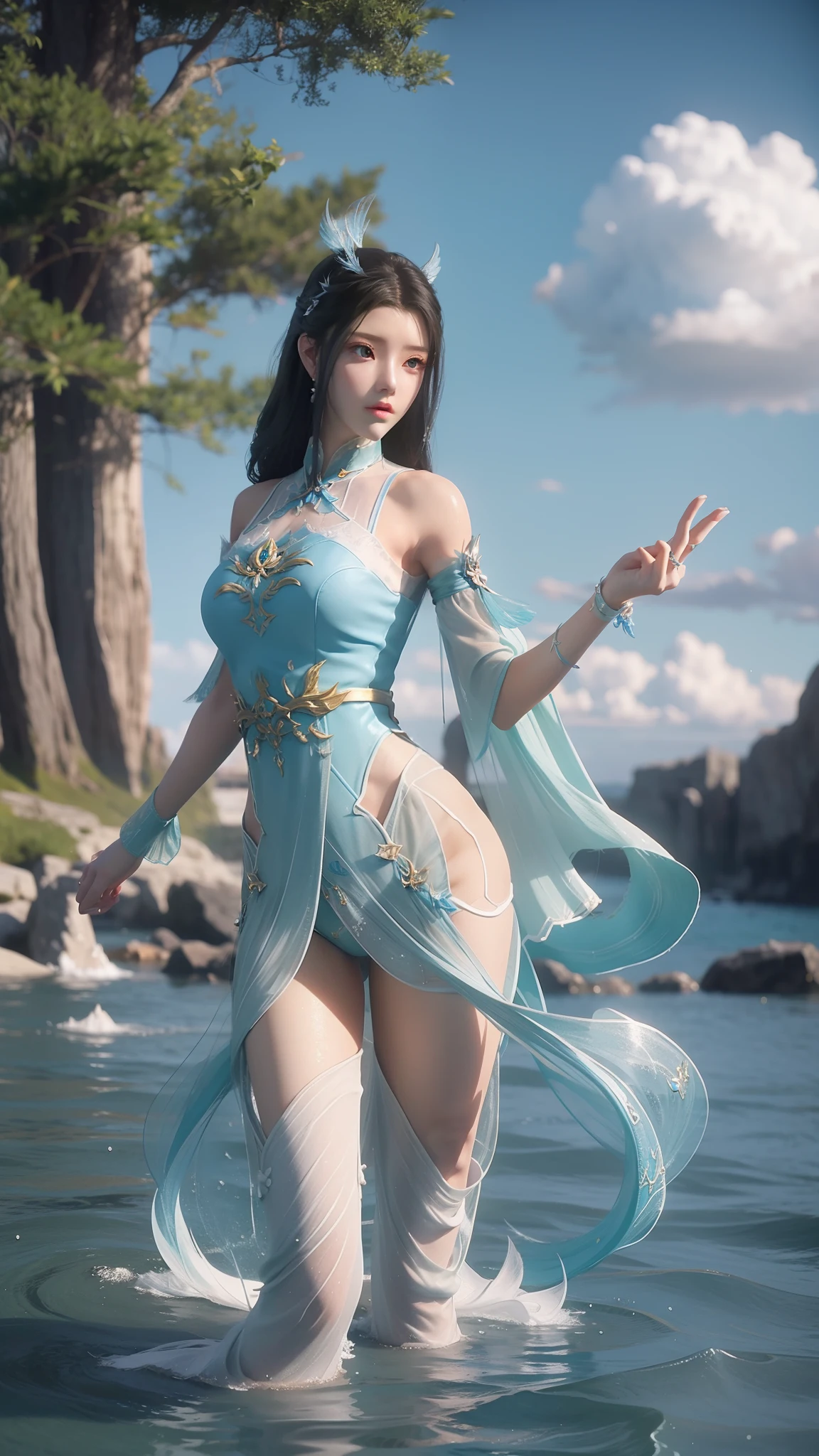 Arapei in a blue and white dress stood in the water, Anime girl walking on water, closeup fantasy with water magic, azur lane style, trending on cgstation, Anime girl cosplay, seraphine ahri kda, Splash art anime , trending at cgstation, realistic water, water fairy, WLOP and Sakimichan
