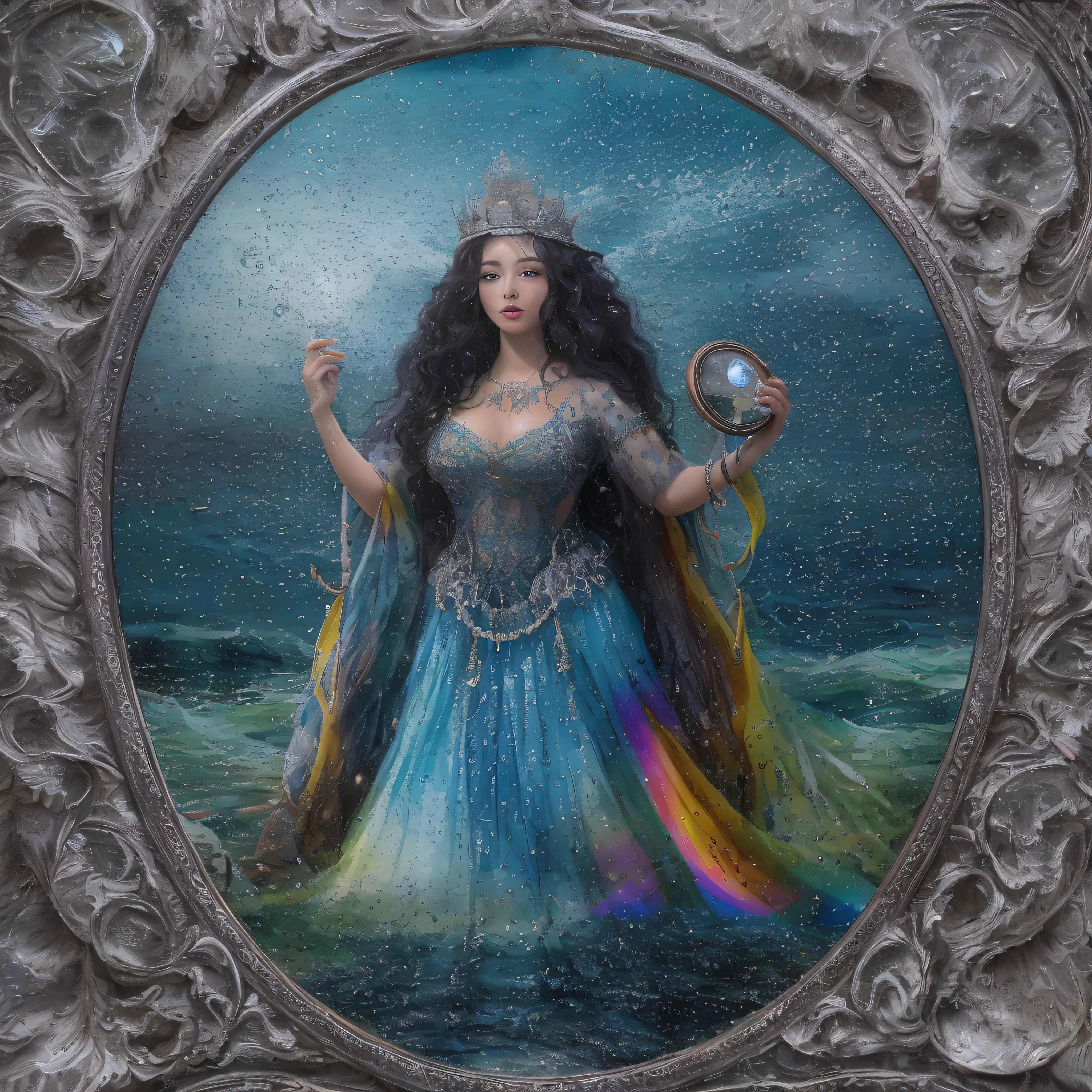 Crie uma imagem de (Yemanja) com seios fartos e usando um vestido azul e longos cabelos pretos, com enfeites de peixes e conchas, since it is the queen of the sea with blank details, o azul-claro, o verde e o prateado. She holds a silver mirror in her hands, the tool of Yemanja. Walking on the waters of the sea, sol se pondo ao fundo, volumeric lighting, water droplets in the atmosphere reflecting the colors of the rainbow, Image with a frame of multicolored orchids. Image with resolution of at least 300dpi, realista, 8k, UHD,