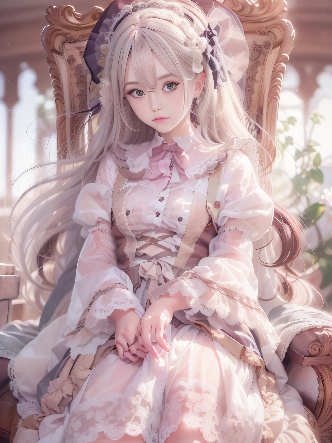 a close up of a woman in a dress and shoes on a chair, rococo dress, rococo ruffles dress, ta Fashion, Lolityle, romantic dress, fantasy dress, dreamy style, frilly outfit, loli in s, fairycore, victorian gothic lolita fashimagical dress, angelic pretty, dressed in a frilly ((Lace)),extremely detailed eye and face、beatiful detailed eyes,Small breasts glasses,Smaller face,realistic facial expression,(Face to feel:1.6),Enchanted,Nasty look,(o-face:1.4),Functional,milky skin,Soft lips,Raw photo,Expression in love,Shyness,Longing for love,Sex appeal in girls,The smell of sex appeal,Color makeup,Lowered eyebrows、Whitening effect,beatiful detailed eyes,Beautiful skins,finely detail、smooth hair,detailed hairs,Very fine hairs ,Thin leg,Style like destiny