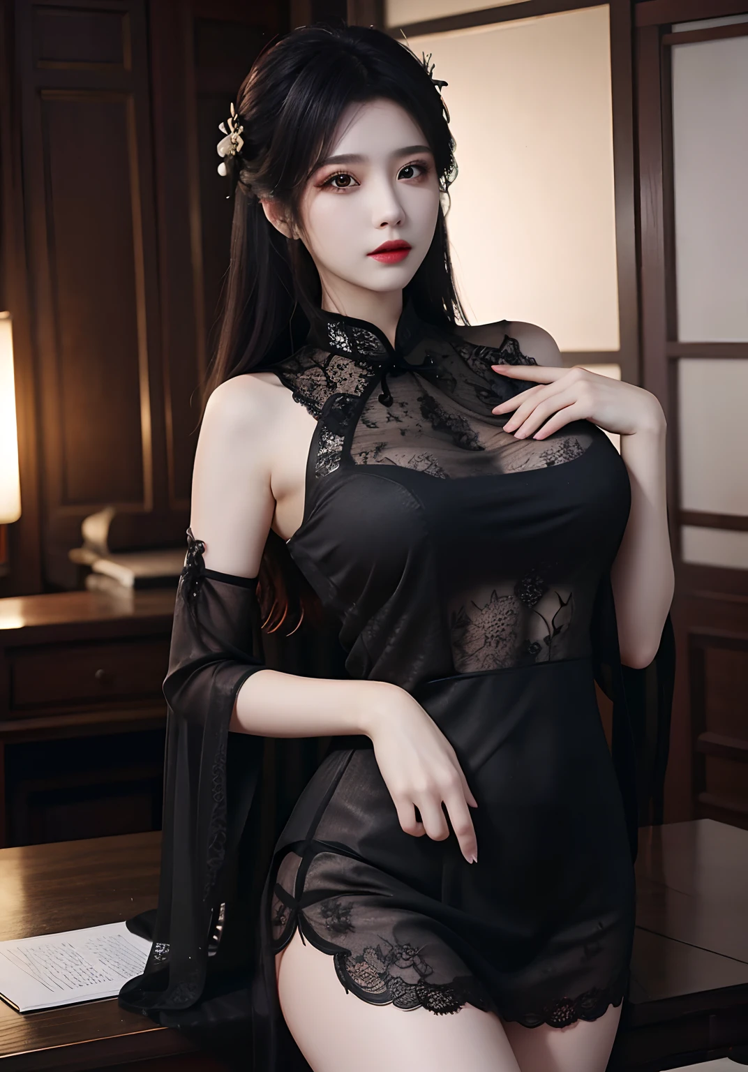 huge tit，Black floral tulle cheongsam，Black lace stockings。