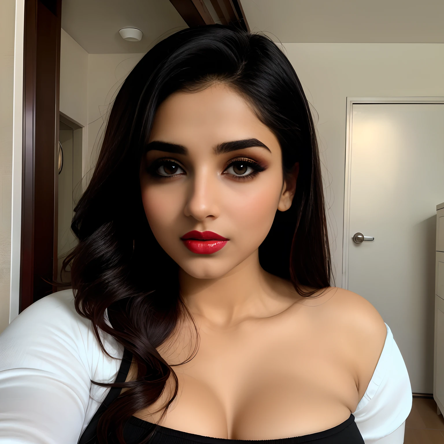 ((beautiful)+(attractive:0.9)+(sensual:0.8)) white Pakistani women ((nerd:0.8)+(lovely)+(clean skin)) with hazel eyes and red lips. Medium dark black hair, ((intense eyes))