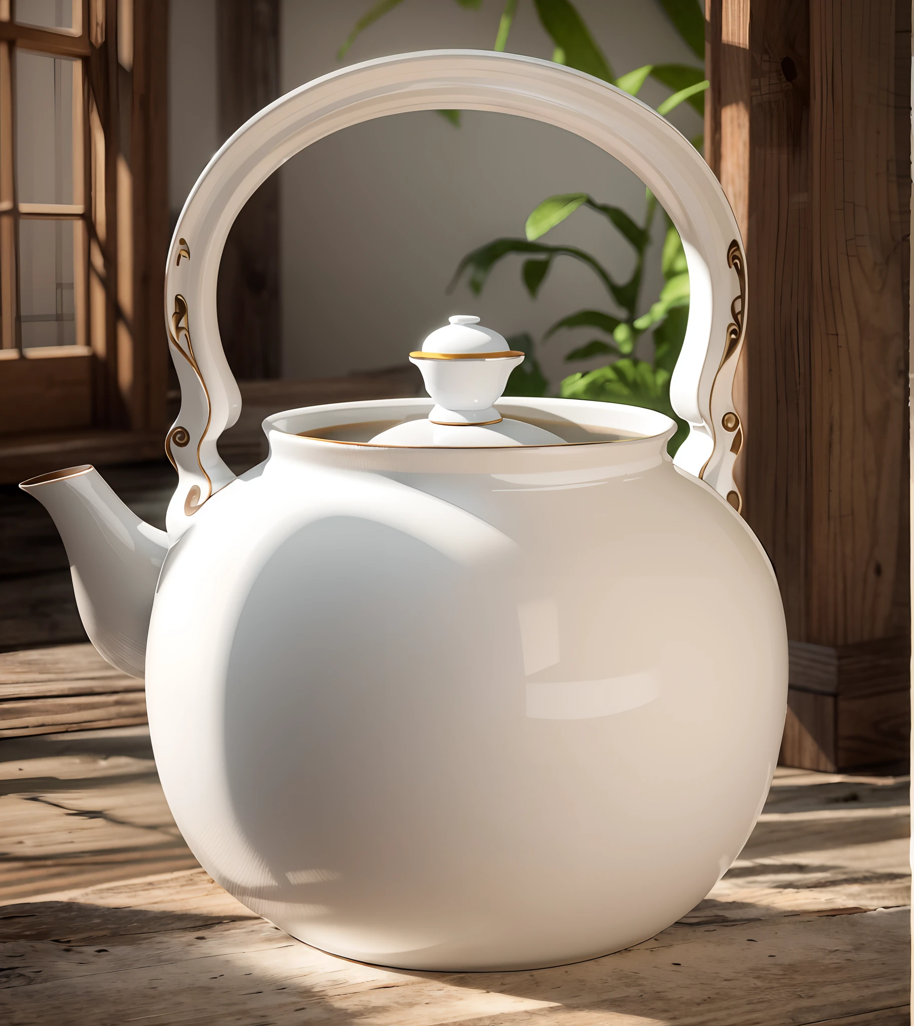 (A white teapot was placed on an old wooden table:1.2),(Cinematic texture:1.5),In a realistic environment,8K