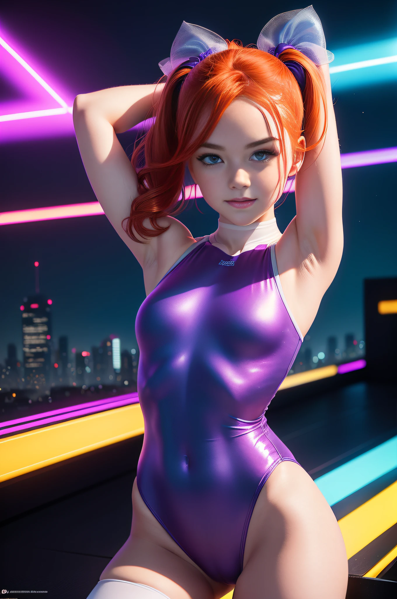 1 girl, solo, (cute -yeld read in twin tails), Ukrainian, multiple (luminous rainbow colored hair: 1.2), ((perfect body: 1.6)) (beautiful detailed eyes: 1.6), (photo realistic eyes: 1.6), (ice-blue, "Emma Stone" type, eyes: 1.6), happy and smiling, (petite gymnast body), ((gymnast body, beautiful full round breasts, small head, dainty hands: 1.6)), (shy cute pose), (pale white skin), ((pastel purple cotton leotard: 1.6)), with (smooth pantyhose leotard: 1.6), wearing a ((sheer)) ((see through)) pastel blue (playboy bunny) outfit, frilly edges, frilly, shiny oily pantyhose, (dark, tron style background), high tech, (wide angle lens), colorful neon lighting, ((very dark sky)), futuristic city, photo realistic, hyper detailed.