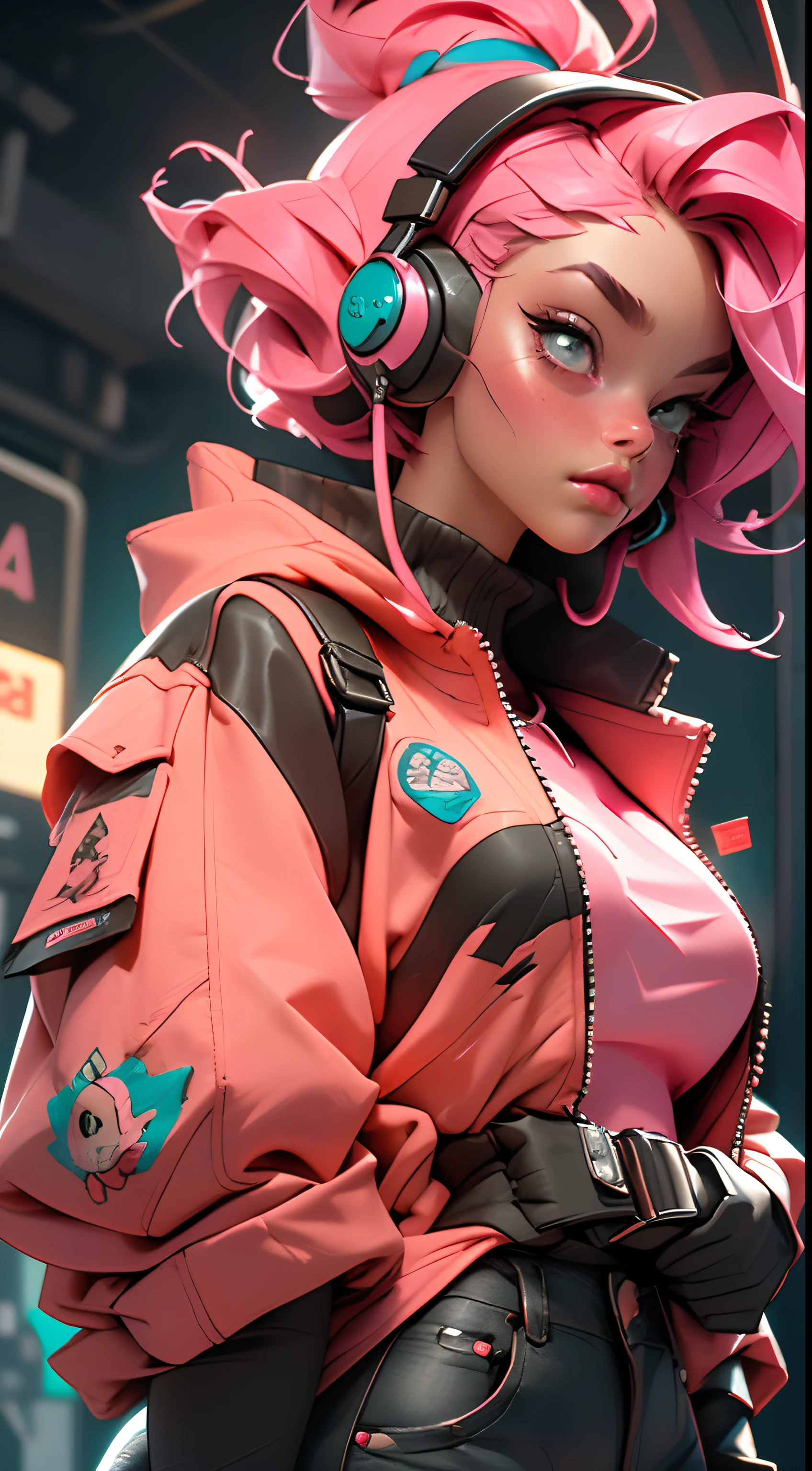 ((Best quality)), ((masterpiece)), ((realistic)) and ultra-detailed photography of a 1nerdy girl with neon headphones. She has ((pink hair)), is wearing an orange techwear jacket, and exudes a ((beautiful and aesthetic)) vibe.