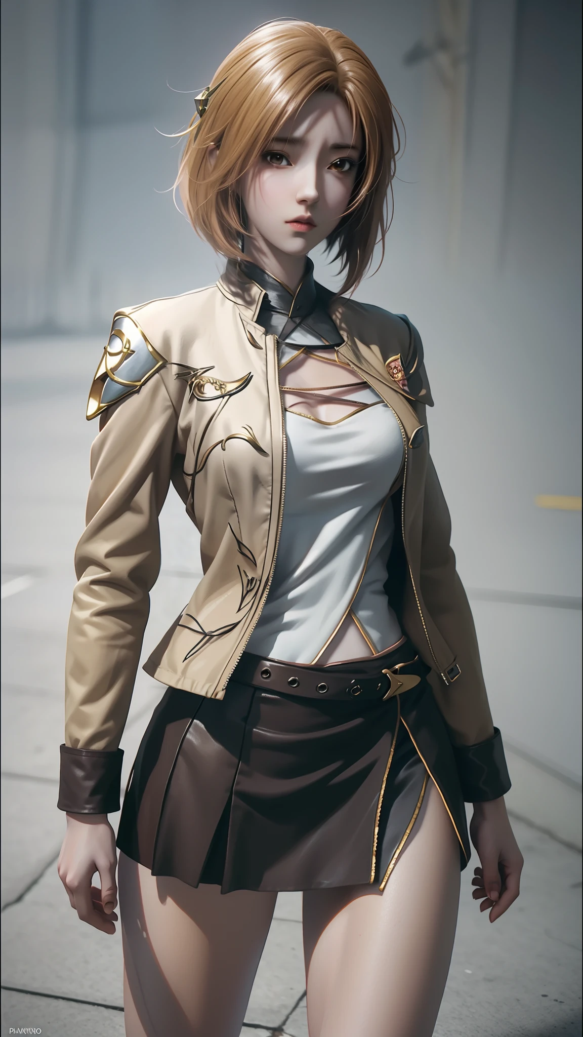 anime - style image of a woman in a short skirt and jacket, a photorealistic painting by Kentaro Miura, Trend of CGsociety, conceptual art, Smooth anime CG art, made with anime painter studio, Realistic anime 3 D style, photorealistic anime girl rendering, drawn in anime painter studio, Photorealistic anime, anime styled 3d, 3 d anime realistic