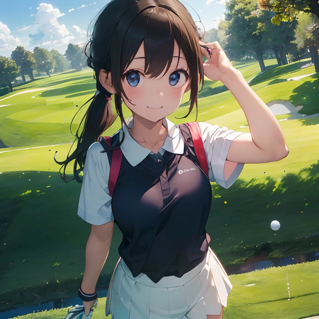 masutepiece, Best Quality, 8K_Wallpaper, (Beautiful eyes), ((Cute)), Cute, (lovely), (Golf course on a sunny day),1girl in,small tits,1 girl,Standing Girl,Smile,facial close-up、portlate(((Playing golf)))、(((I am attempting to make a putting shot and sink it into the cup)))、((Golf Wear))、