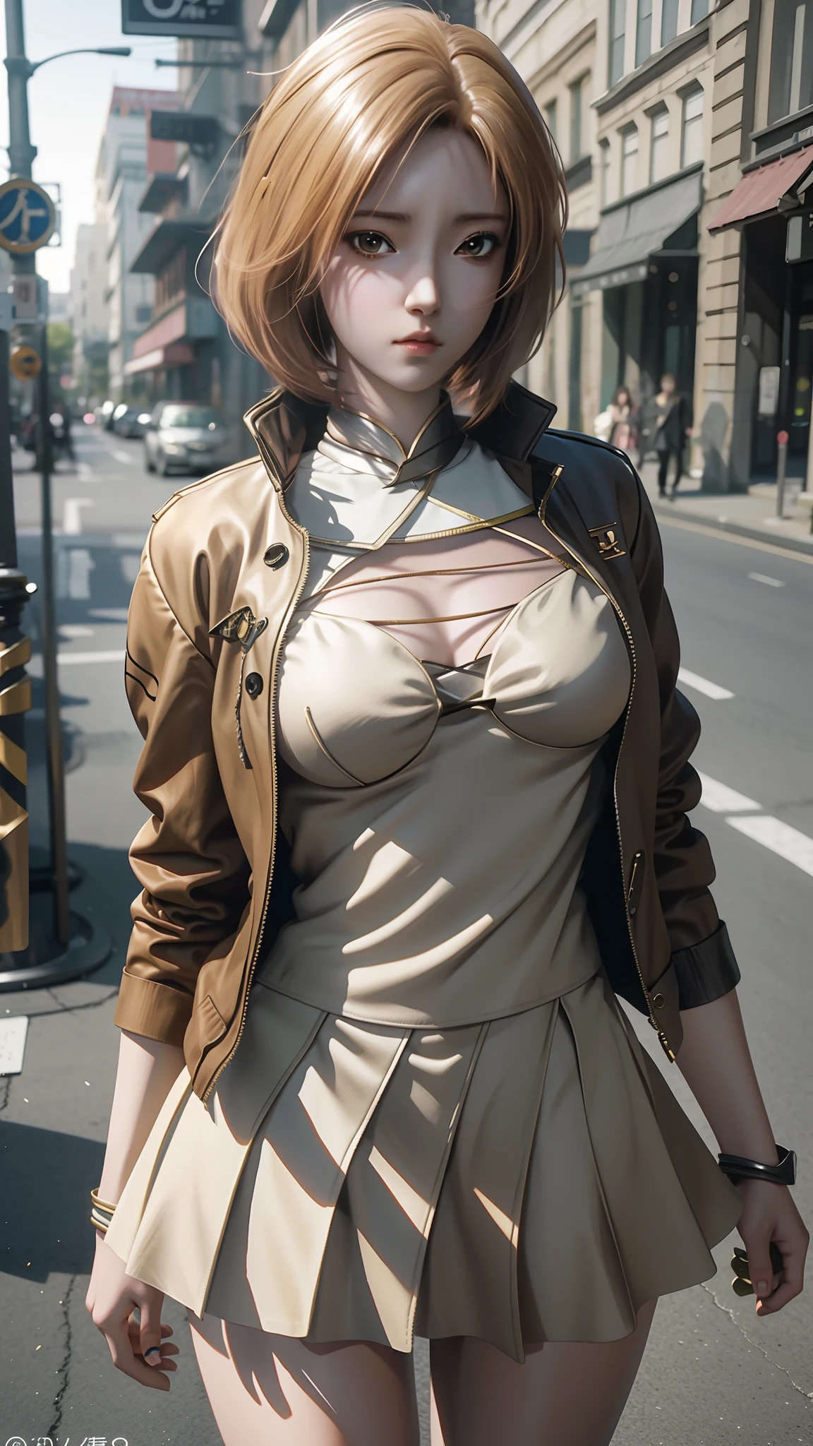 anime - style image of a woman in a short skirt and jacket, a photorealistic painting by Kentaro Miura, Trend of CGsociety, conceptual art, Smooth anime CG art, made with anime painter studio, Realistic anime 3 D style, photorealistic anime girl rendering, drawn in anime painter studio, Photorealistic anime, anime styled 3d, 3 d anime realistic