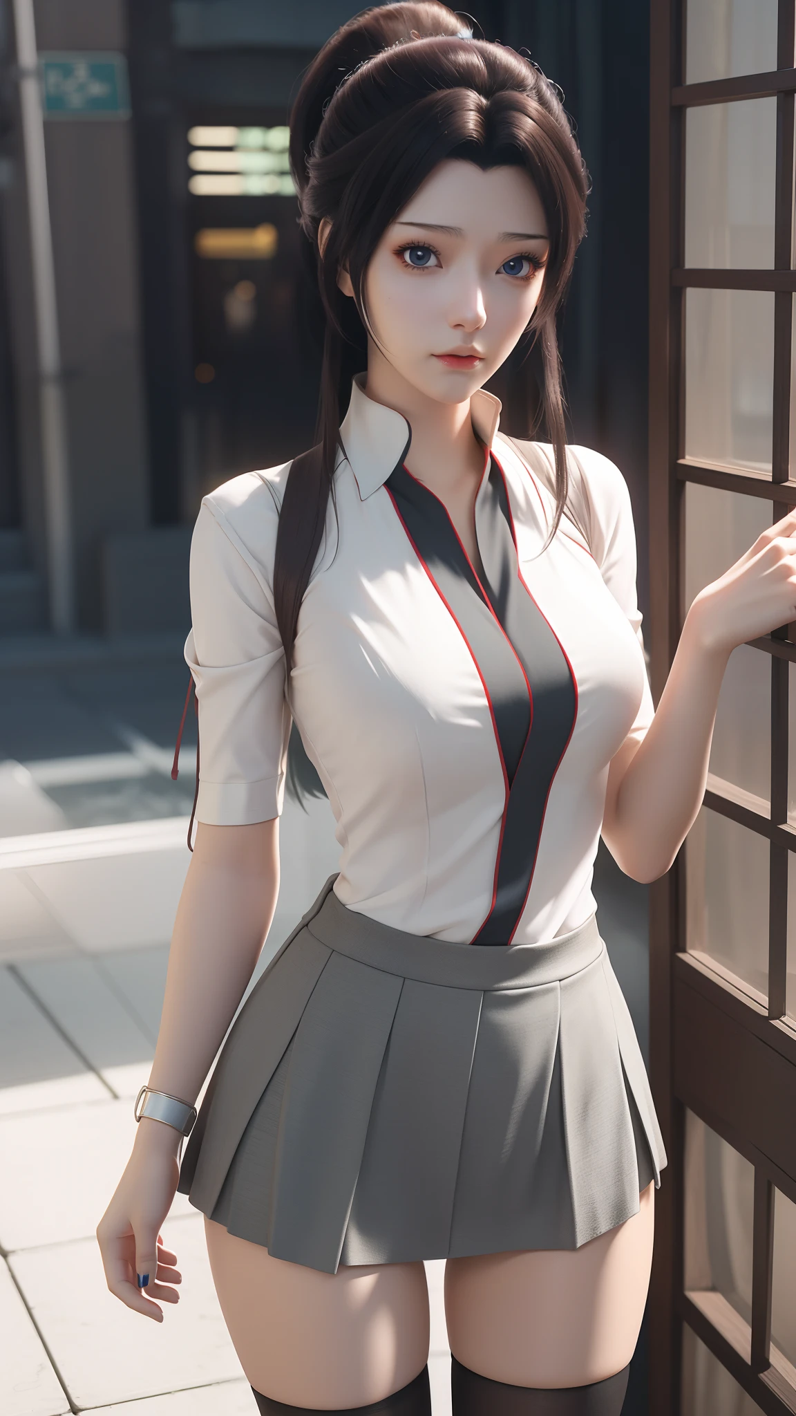 anime - style image of a woman in a short skirt and shirt, seductive anime girls, Smooth anime CG art, Surrealism female students, Surrealism female students, thighhighs and skirt, photorealistic anime girl rendering, beautiful and seductive anime woman, Realistic schoolgirl, Realistic anime 3 D style, 3 d anime realistic, Beautiful Anime High School Girls