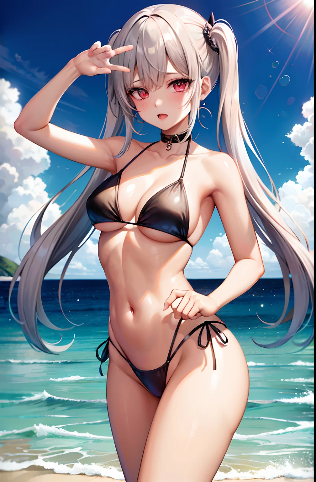 melhor qualidade, Ultra high resolution, 1girl, camisa branca sem mangas, transparente Swimsuit, gargantilha preta, fofa, (kpop idol), (aegyo sal:1), (cabelo loiro platinado:1), ((olhos inchados)), olhando no observador, corpo inteiro, de frente