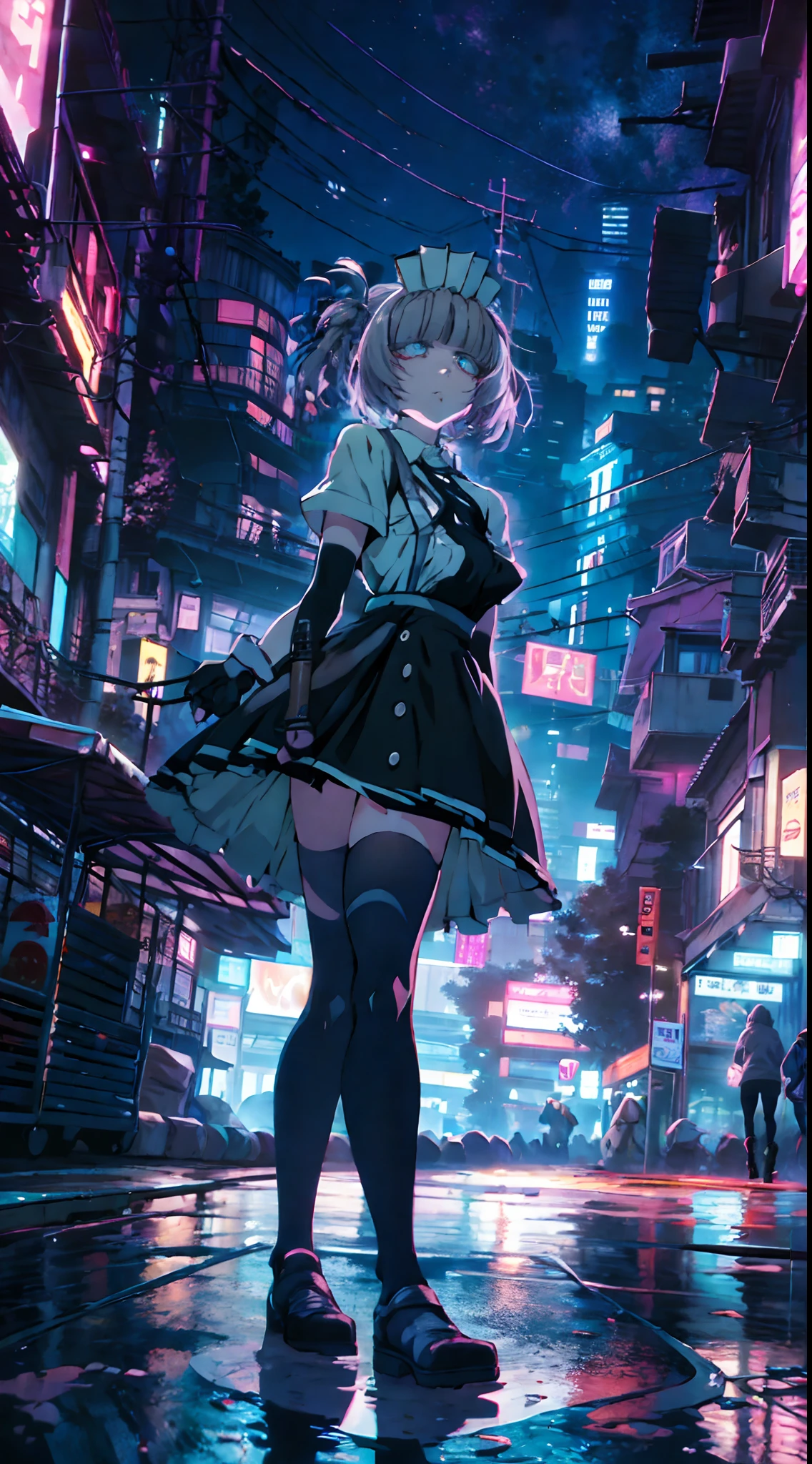 night, colorful cyberpunk city background, rain, street, maid girl, Nazuna Nanakusa,yofukashi no uta, blue eyes, shining eyes, black stockings, backlit, glow, looking up audience, low angle lens, looking up lens, perfect composition, perfect light and shadow delicacy, 8k