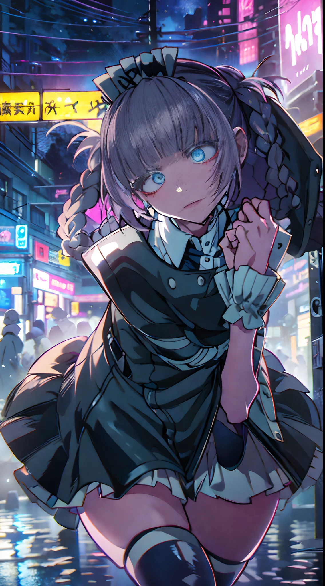 night, colorful cyberpunk city background, rain, street, maid girl, Nazuna Nanakusa,yofukashi no uta, blue eyes, shining eyes, black stockings, backlit, glow, looking up audience, low angle lens, looking up lens, perfect composition, perfect light and shadow delicacy, 8k