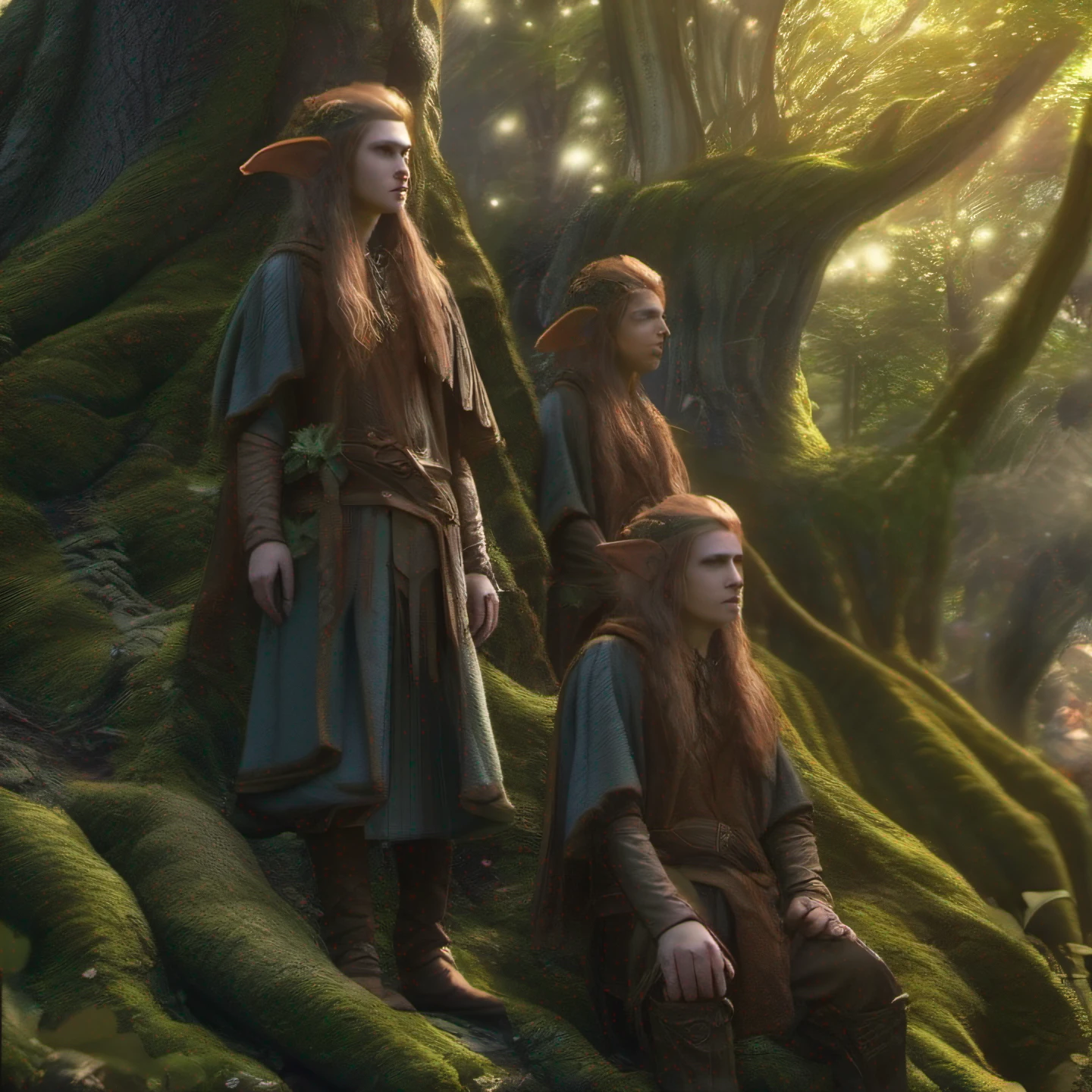 several elves with pointed ears, Lord of the Rings Style, extremamente detalhado, em uma grande floresta antiga de arvores gigantesca colhendo flores, em um dia enevoado, raios do sol por entra as folhagens, Realistic style, ultra hd 8k