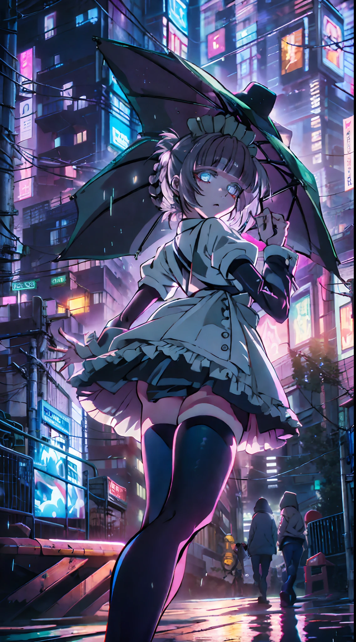 night, colorful cyberpunk city background, rain, street, maid girl, Nazuna Nanakusa,yofukashi no uta, blue eyes, shining eyes, black stockings, backlit, glow, looking up audience, low angle lens, looking up lens, perfect composition, perfect light and shadow delicacy, 8k
