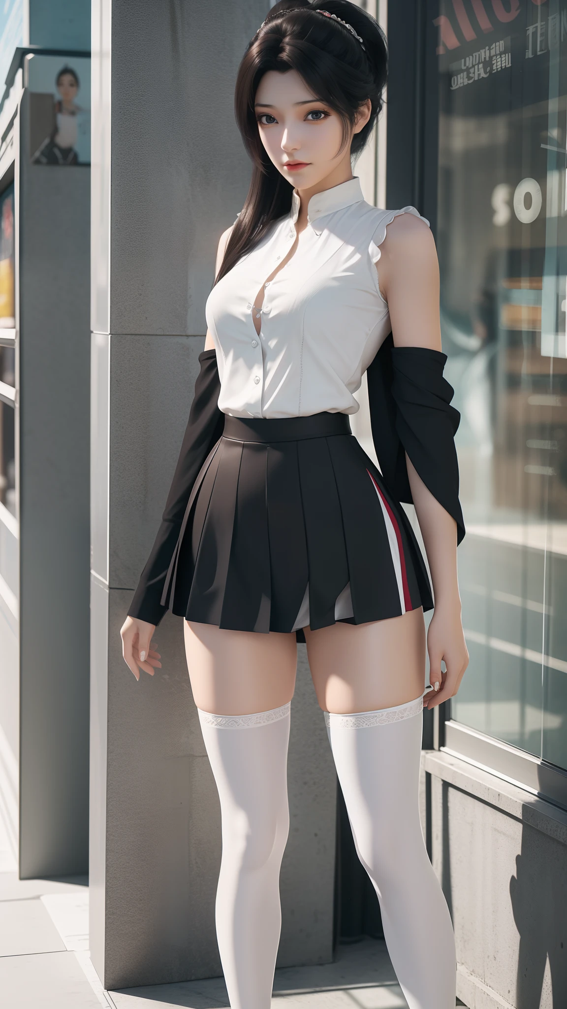 Arad woman poses for a photo in a short skirt and white shirt, Surrealism female students, Surrealism female students, Realistic schoolgirl, photorealistic anime girl rendering, thighhighs and skirt, 3 d anime realistic, small curvaceous ****, wearing skirt and high socks, Photorealistic anime, cute female student, Realistic anime 3 D style, Female Student