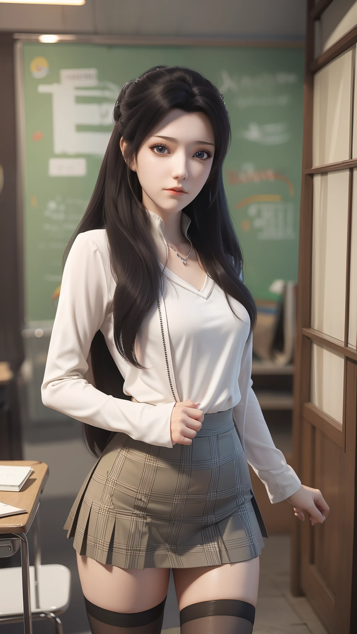 Arad woman poses for a photo in a short skirt and white shirt, Surrealism female students, Surrealism female students, Realistic schoolgirl, photorealistic anime girl rendering, thighhighs and skirt, 3 d anime realistic, small curvaceous loli, wearing skirt and high socks, Photorealistic anime, cute female student, Realistic anime 3 D style, Female Student