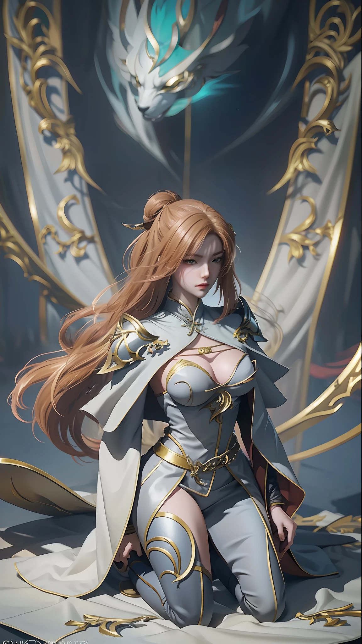 Anime woman kneeling on blanket, concept-art:Hero, Trend of CGsociety, Fantasy art, Guviz-style artwork, Guviz, Smooth anime CG art, Keqing from Genshin Impact, Ruan Jia and Artgerm, full-body xianxia, flowing magical robe