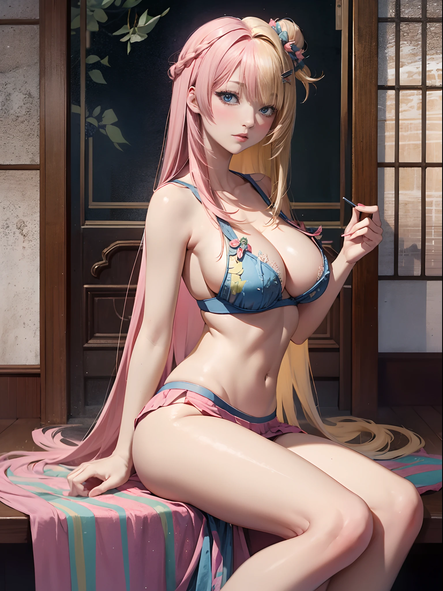 （Enrich the picture，Masterpiece level quality）Beautiful 8K CG artwork，Goddess-like posture，sittinng on the river，Postural exercises，Slim and soft，Translucent skin，Hair is pink and yellow、The beauty of extra-long hair, Super Long Straight Hair，The skin is fair and juicy，Underwear miniskirt uniform，Perspective Part 1.2x enhanced silhouette effect，Exquisite transparent blues pattern in pajamas，The details are intricate and exquisite，The background is slightly blurred，Charming and lustful leg seduction，Drool，K cup big breasts，Blush，Japan goddess，Perfect body slim curves，Scene by the sea，