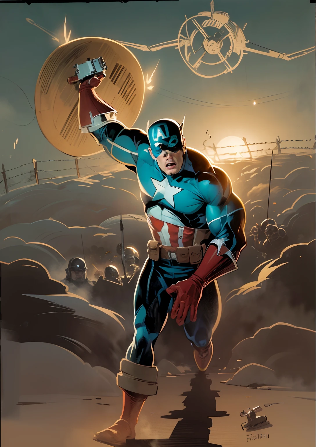 masterpiece, high detailed images, high detailed face, perfect face, a realistic drawing of Captain America holding the shield in his hand, a World War II plane diving behind him and firing with the machine guns, balas ricocheteando no escudo, bullets hitting the chao and kicking up dust, ORIGINAL CLASSIC CAPTAIN'S UNIFORM comic book drawing, Desenho de quadrinhos da Marvel, inspirado por Gary Frank, comic drawing, inspirado em Jack Kirby, inspirado em Neal Adams, Captain America, inspirado em Wally Wood, comic shading, Estilo arzach de quadrinhos, inspirado em Alex Toth, inspirado em Milton Caniff 8k