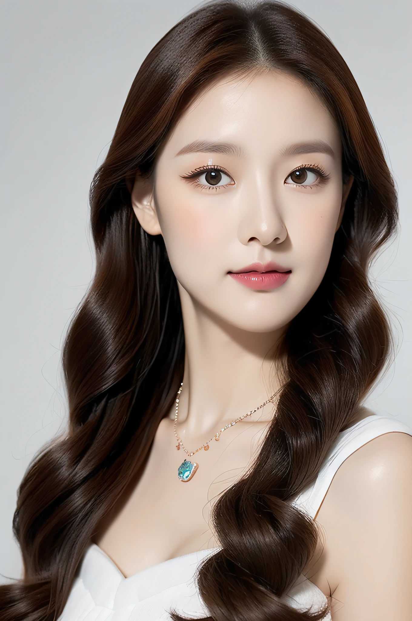 a close up of a woman with a necklace on her neck, wan adorable korean face, korean face features, beautiful aesthetic face, with cute doting eyes, popular south korean makeup, young adorable korean face, lovely delicate face, young cute wan asian face, with round face, CG unity (extreme) detail 8k wallpaper, masterpiece, best quality:1.2), High detail, Best image quality, surreal, lipsticks, Peerless beauty, long hair (violet) curly hair, Exquisite and perfect facial features, Be red in the face, body stunning figure, medium breasts, stylish, slim waist, very detailed facial and skin structure, Fair skin, harmonious facial details, fair skin, Double eyelids, a ponytail and a white dress, cute round slanted eyes, cute natural face, round and well-drawn eyes, clear cute face, realistic beautiful big eyes, Double eyelids, soft makeup, Get close to the viewer, camera angle, dynamic angle, beautiful view