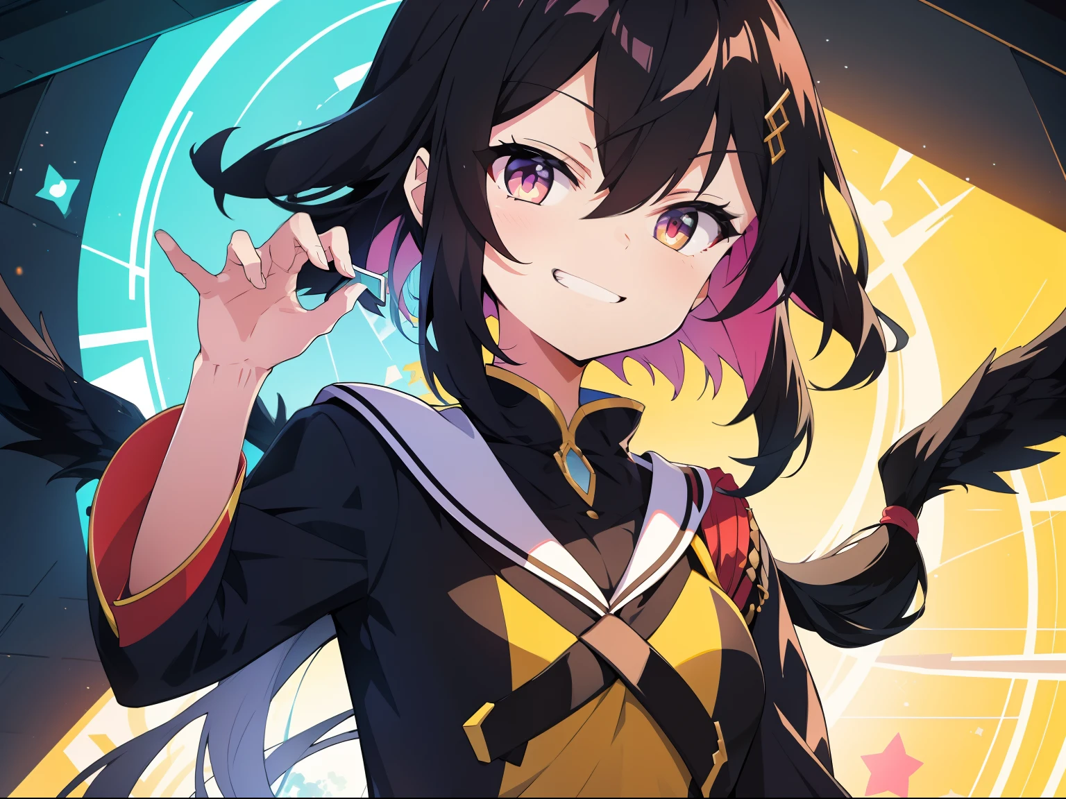 Bright looks，The smile is bright，Long black hair shawl。She likes to tease people，And with a smug expression。You can wear brightly colored palace clothes。