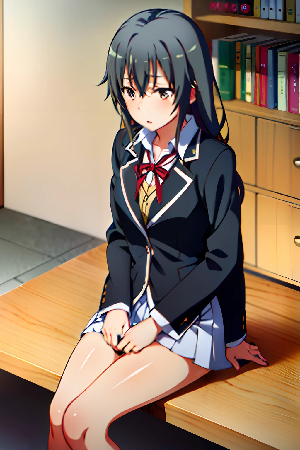 (Brushing Hair Behind Ears:1.5), (yukinoshita yukino:1.5), (Oregail Uniform:1.5), ​masterpiece, top-quality, absurderes, 1girl in, inside the house, book library, desk, Open Books, looking downwards, read, (Sit up:1.3), a chair, The upper part of the body　breastsout