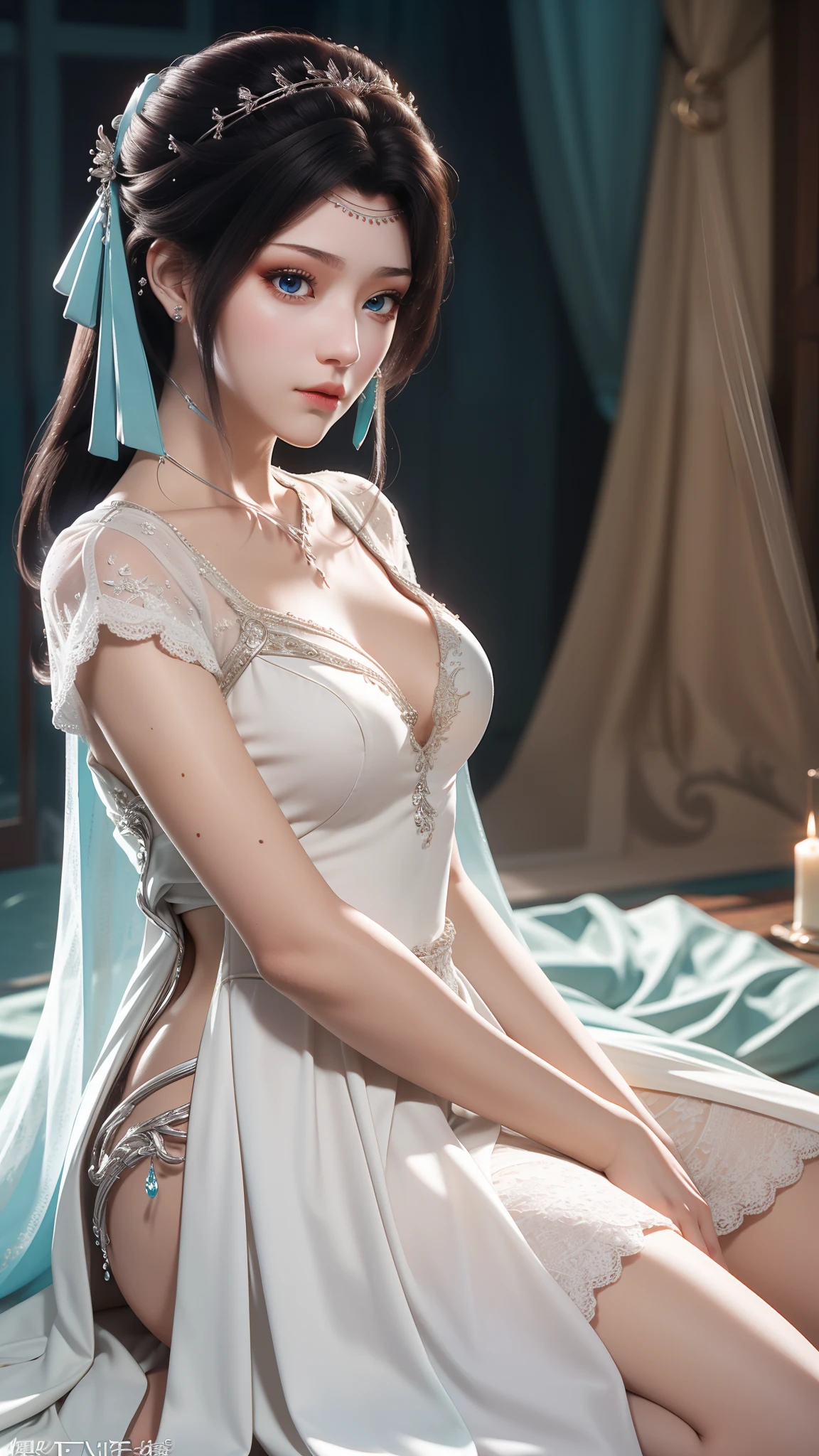 tmasterpiece，Best picture quality，HD 8K wallpaper，Beautiful picture，Elegant single woman，Round dress，Shiny eyes，Detail at its best，An exquisite masterpiece，Pure beauty and lightness，Moderately aesthetic，Gentle and elegant，Attention to detail，Cyan white lace round princess dress，Immortal