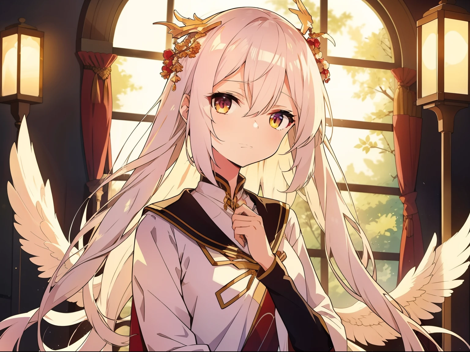 Long white hair shawl,A beautiful face but with a sad expression,Wearing a gorgeous phoenix crown。The scene can be her dormitory,There is a candlelit vibe。