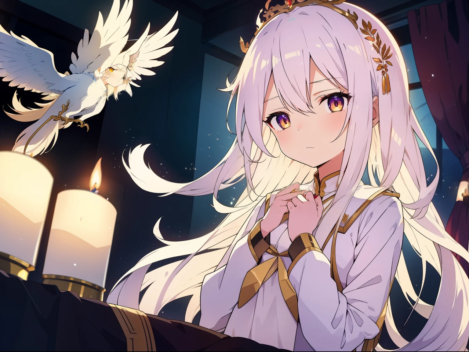 Long white hair shawl,A beautiful face but with a sad expression,Wearing a gorgeous phoenix crown。The scene can be her dormitory,There is a candlelit vibe。