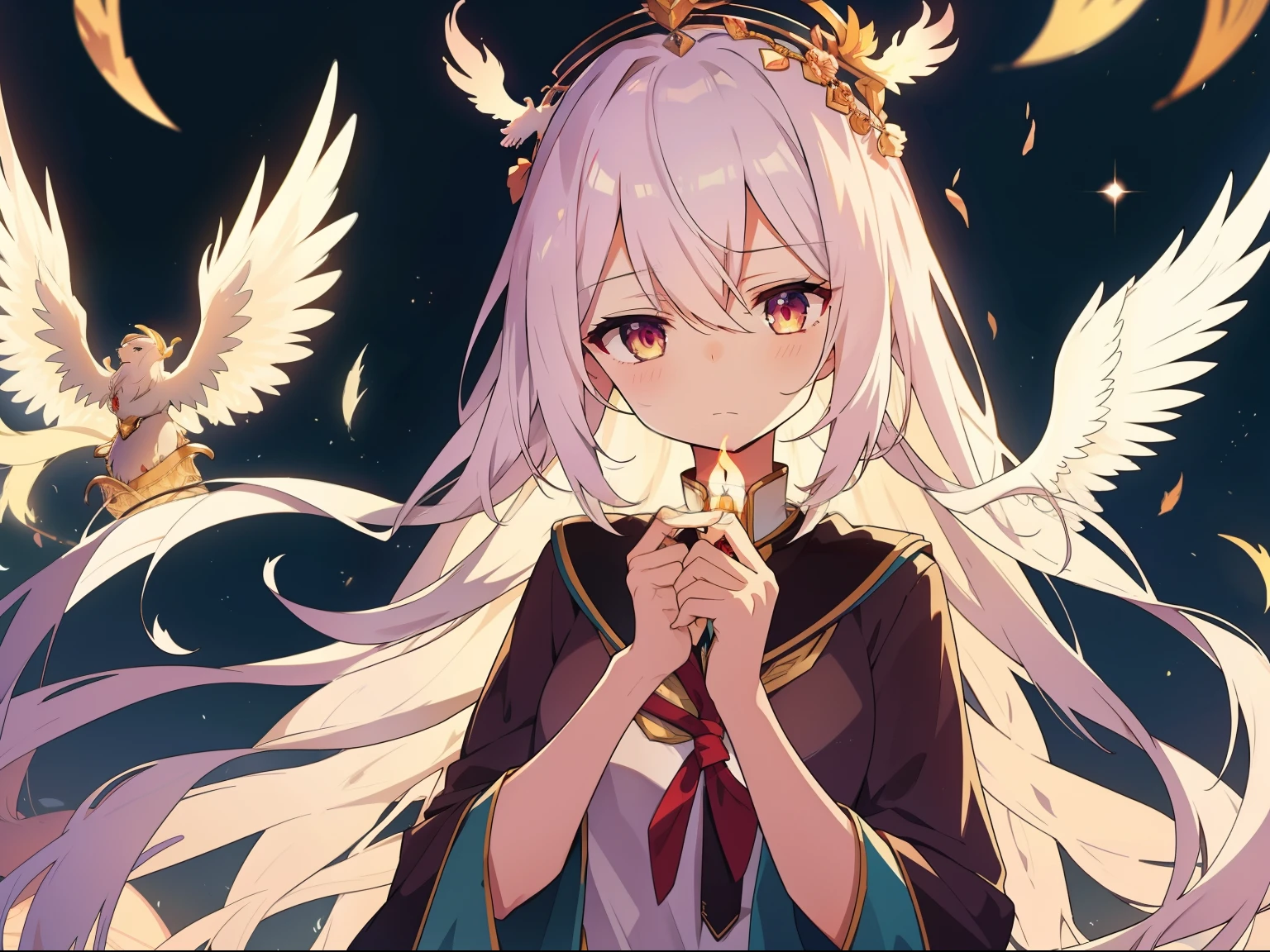 Long white hair shawl，A beautiful face but with a sad expression，Wearing a gorgeous phoenix crown。The scene can be her dormitory，There is a candlelit vibe。