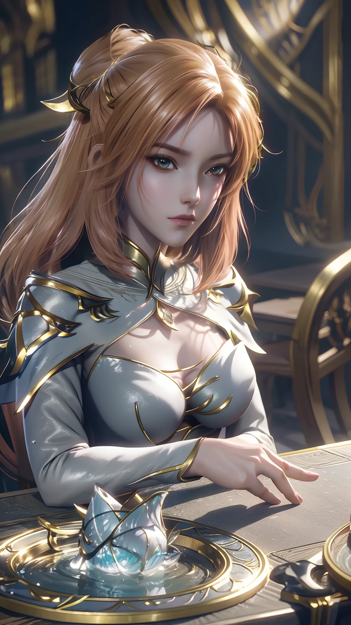 The Arad woman in the dress sits at the table, closeup fantasy with water magic, 2. 5 D CGI anime fantasy artwork, Anime fantasy illustration, Detailed digital anime art, beautiful fantasy anime, Smooth anime CG art, Anime fantasy artwork, 8K high quality detailed art, Realistic anime 3 D style, ultra detailed water, beautiful and seductive anime woman