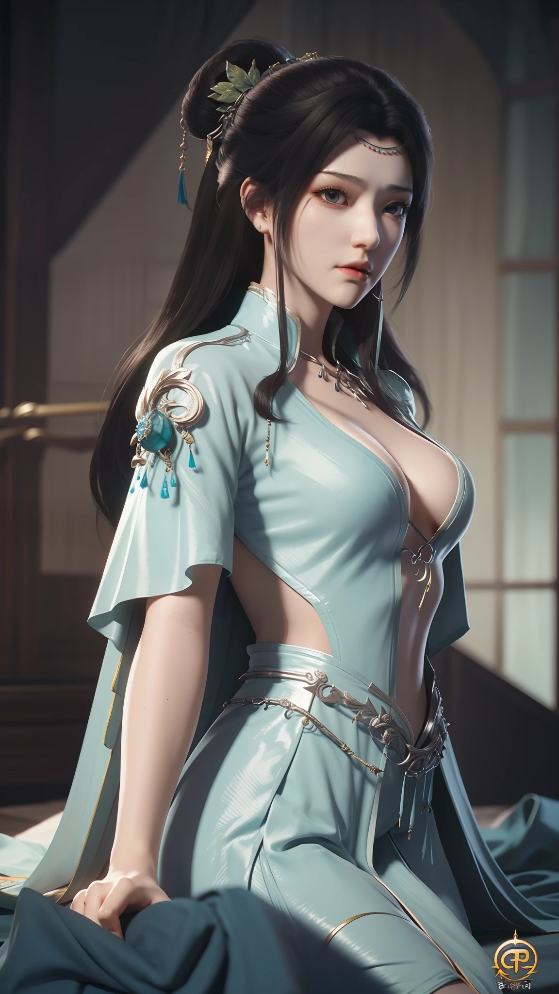 Kneel on the blanket, concept-art：Hero, Trend of CGsociety, Fantasy art, Guviz-style artwork, Guviz, Smooth anime CG art, Keqing from Genshin Impact, Ruan Jia and Artgerm, full-body xianxia, A flowing translucent magic robe