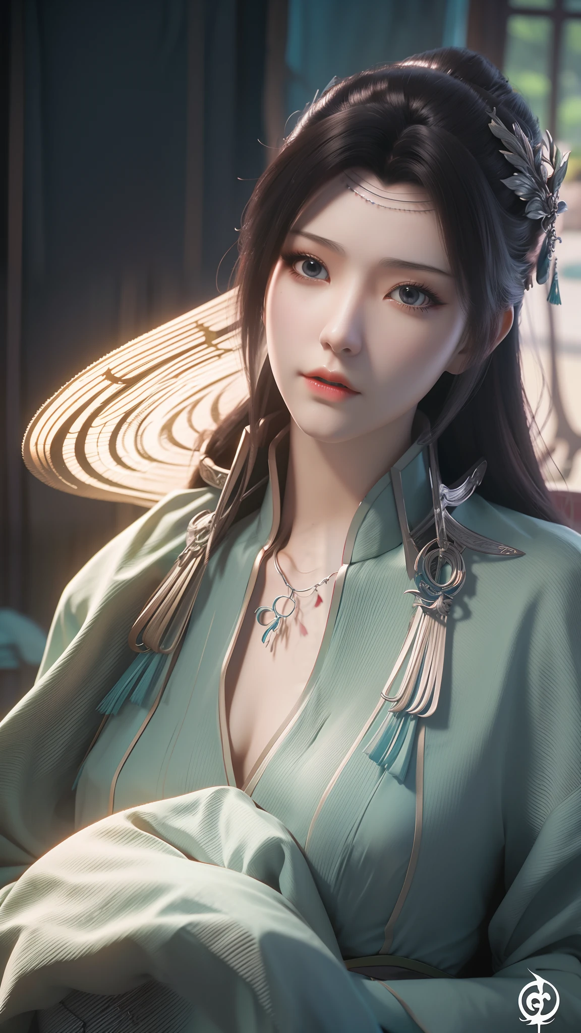 Kneel on the blanket, concept-art：Hero, Trend of CGsociety, Fantasy art, Guviz-style artwork, Guviz, Smooth anime CG art, Keqing from Genshin Impact, Ruan Jia and Artgerm, full-body xianxia, A flowing translucent magic robe