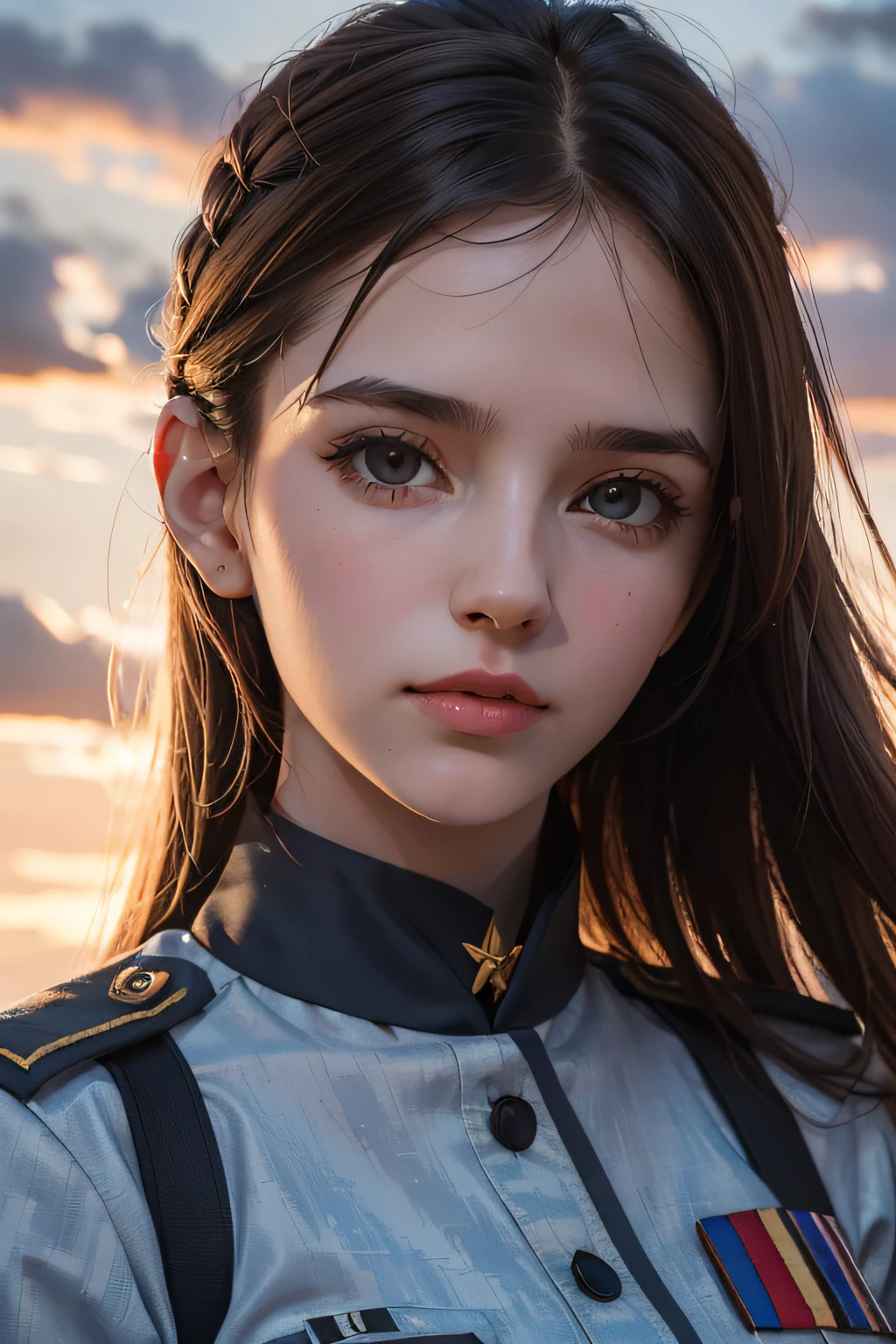 Arad women pose for photos before sunset,fully body photo:1.6, in a soldier uniform, girl in uniform, soldier girl, close up portrait shot, beautiful female soldier, Close-up Shot Shot, military girl, uniform background, Bright, uniform background,amouranth, portrait of cute soldier girl,A high resolution。