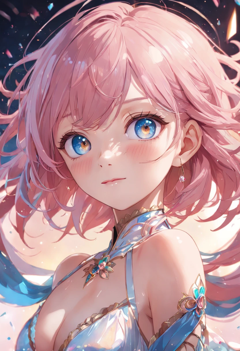 breasts, looking_at_viewer, short hair, (multicolored_eyes:1.5), (pink hair:1.8), bangs, blue_eyes, ((light_smile)), (long locks:1.4), (ribbon earrings), masterpiece, best quality, high quality, absurdres, shiny skin, colorful, dynamic pose, stunning art, best quality, hyper detailed, dynamic angle, beatlful detailed, reflective hair, good lighting, ray tracing, depth of field, ultra-detailed, illustration, Amazing, fine detail, extremely detailed, ((ultra-detailed)), (beautiful detailed girl), beautiful detailed glow, intricate detail, highres, an extremely delicate and beautiful, beautiful detailed eyes, realistic, hdr, rounded eyes, detailed facial features, (illustration), (beautiful detailed eyes), ((very detailed face)), depth_of_field, eyebrows_visible_through_hair, frills, looking_at_viewer, (upper body:1.4), clothes reflecting light, (light diffraction on skin: 1.35), (glossy skin: 1.55), (Iridescence Effect: 1.55), collarbone, white_shirt, long_sleeves, choker, flower, camera, (indoor, potted plant:1.5), critical angle,